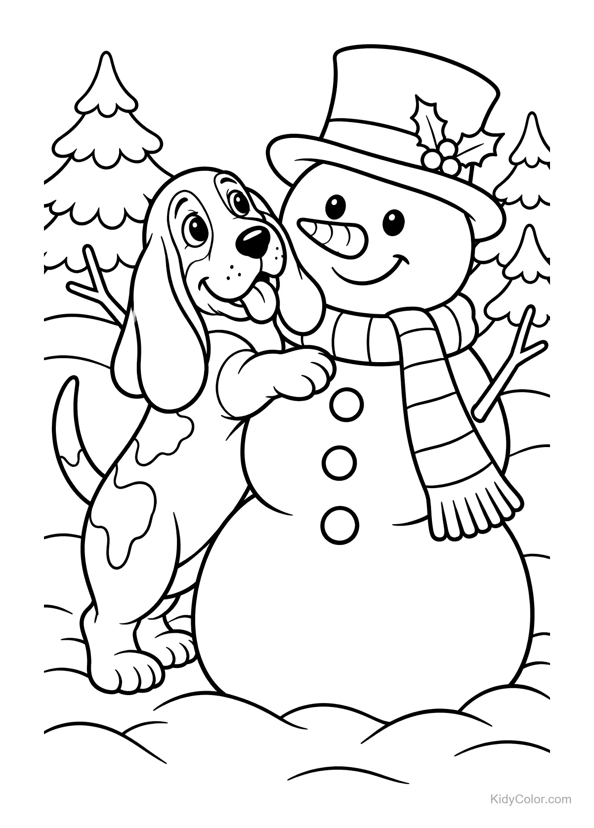 Basset hound jouant avec un bonhomme de neige.