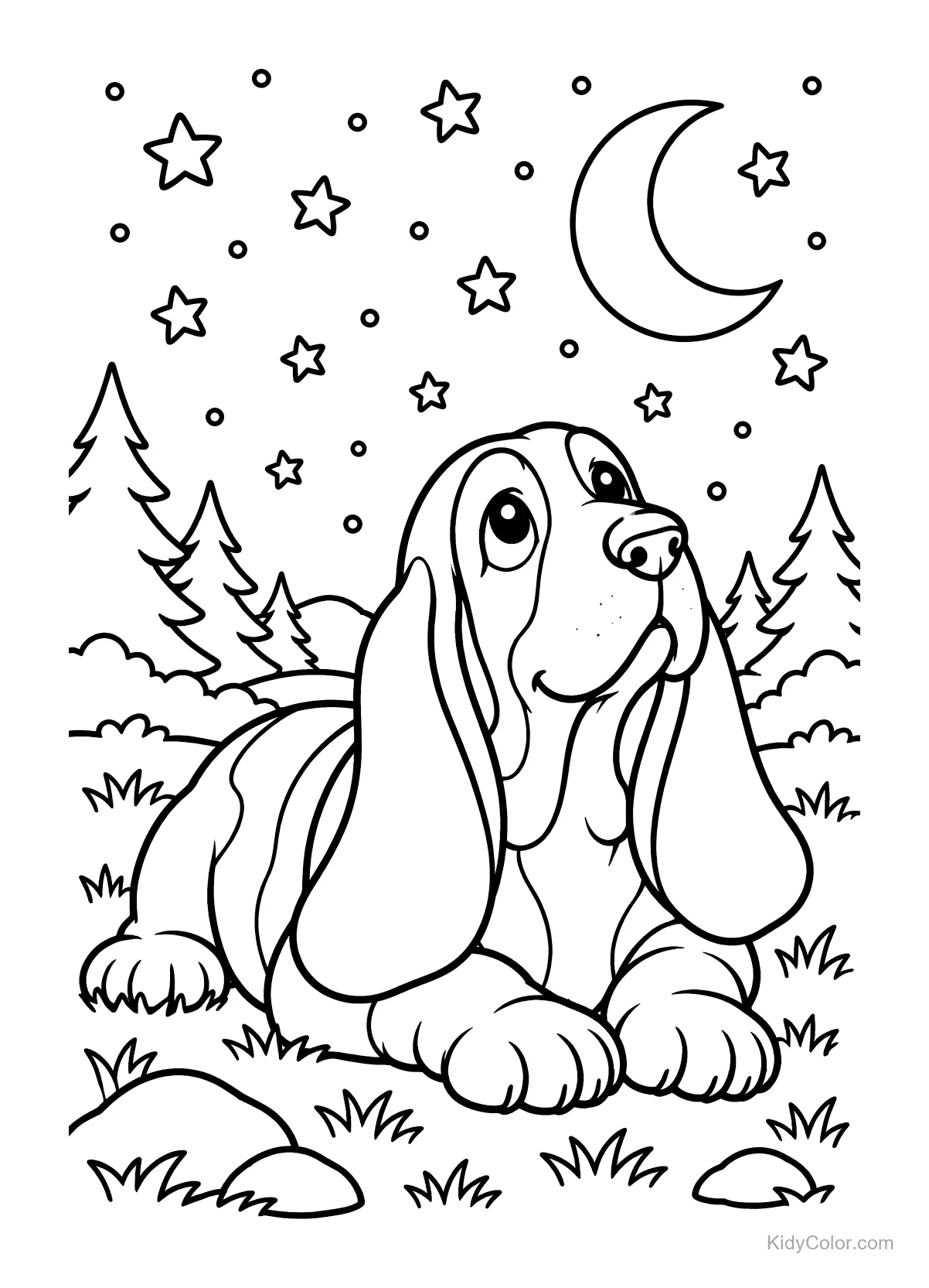 Basset hound looking up at stars with trees and grass.