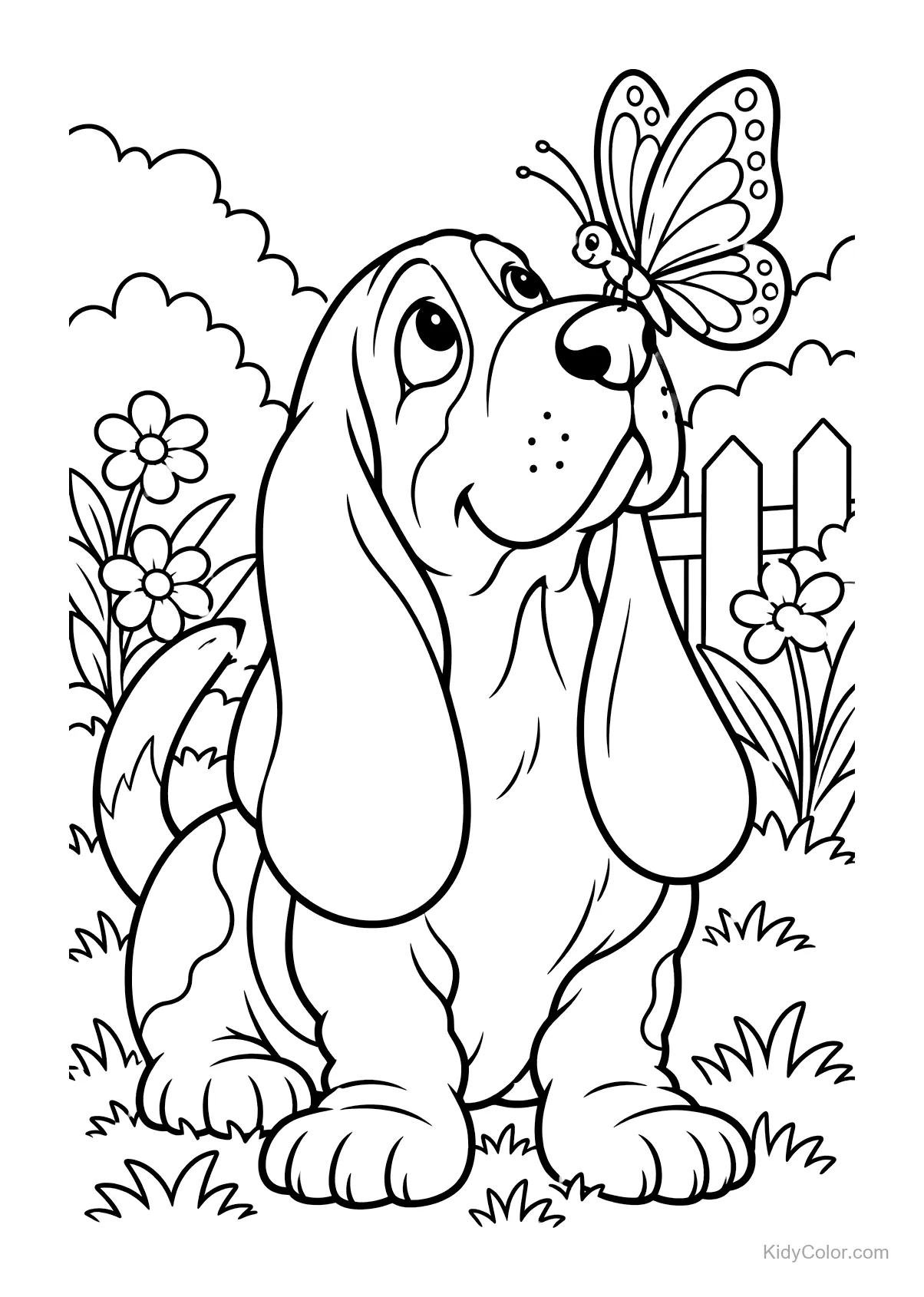 Basset Hound with a butterfly on its nose in a garden.