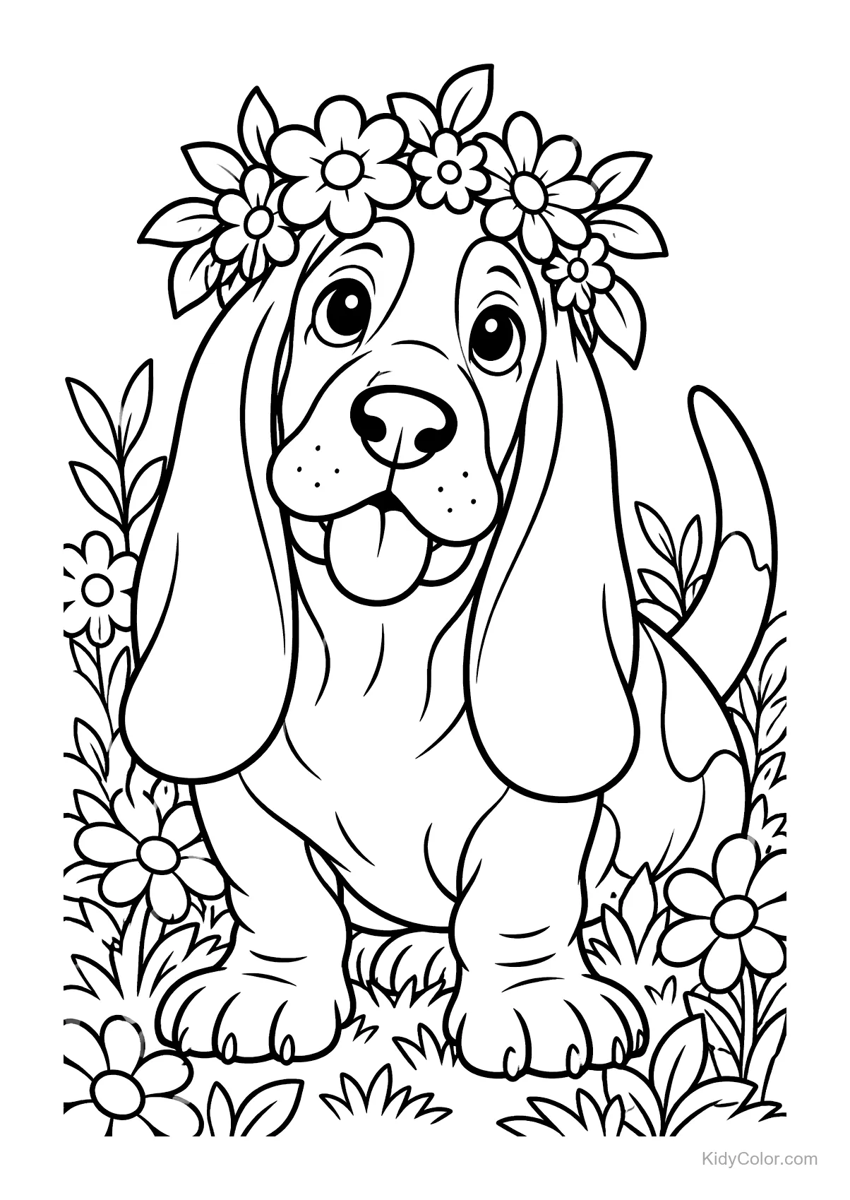 Basset Hound mit Blumenkranz zwischen Gartenblumen.