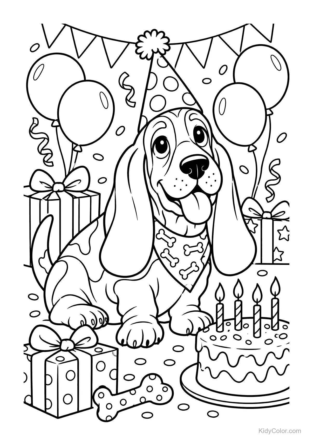 Basset Hound in party hat with balloons, presents, and a cake.