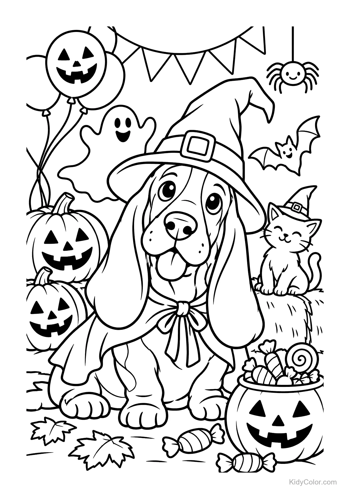 Basset Hound mit Hexenhut, Kürbissen und Halloween-Deko.
