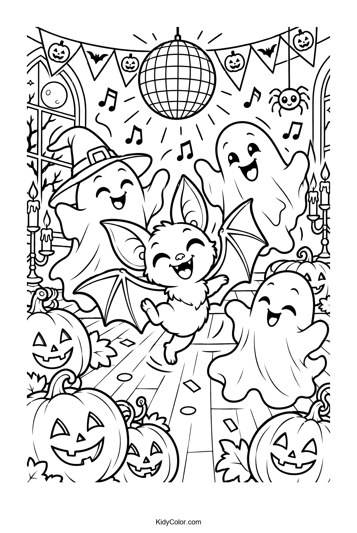 A bat dances with ghosts under a disco ball at a Halloween party with pumpkins.