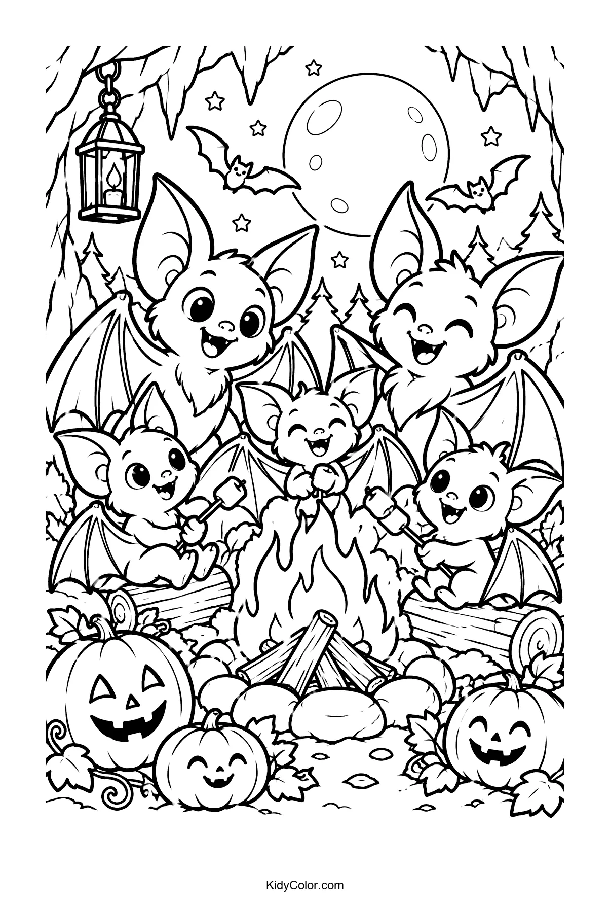 A bat family sits around a campfire with pumpkins and a full moon.