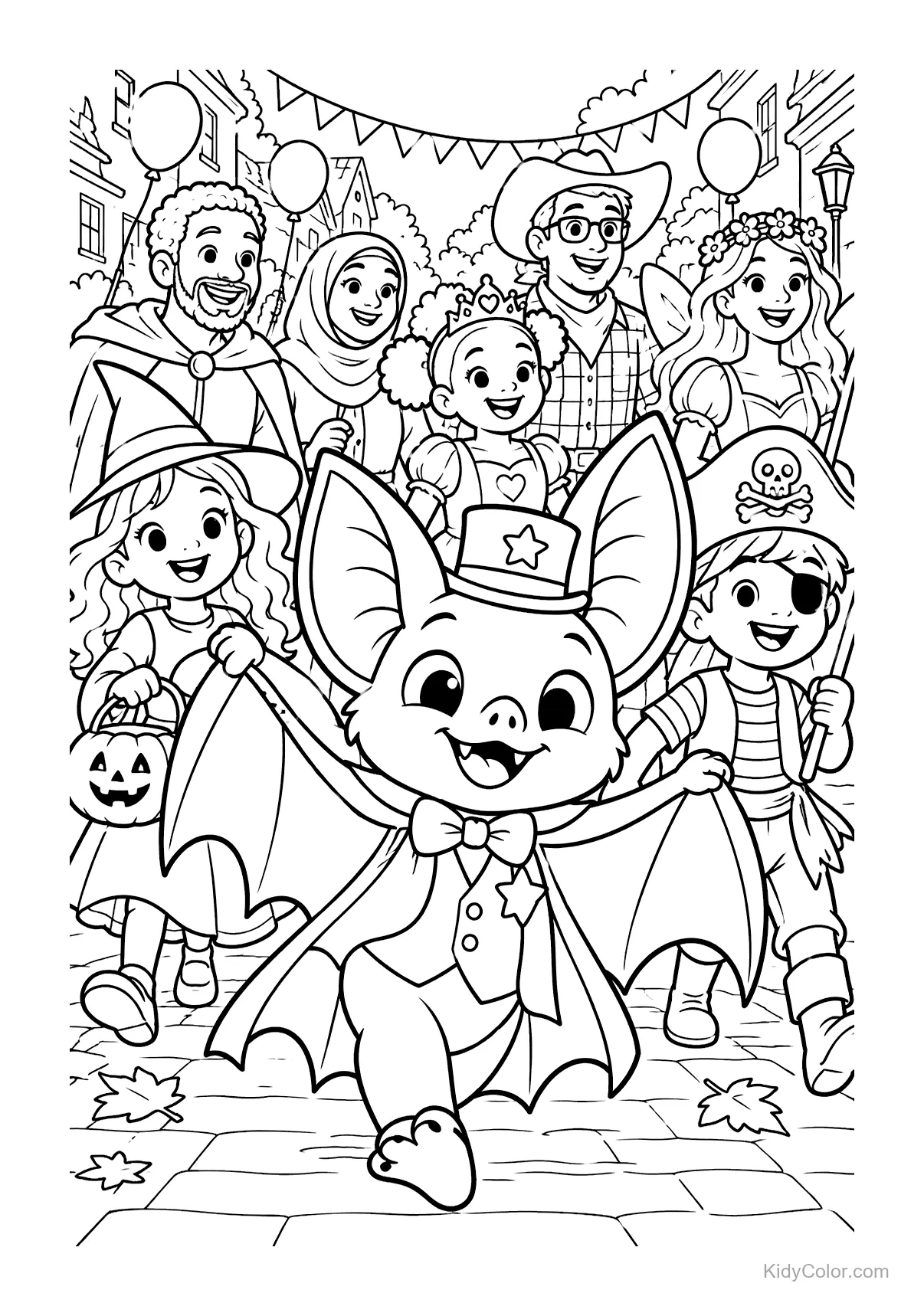 A cute bat in a top hat leads kids in a Halloween parade with costumes.