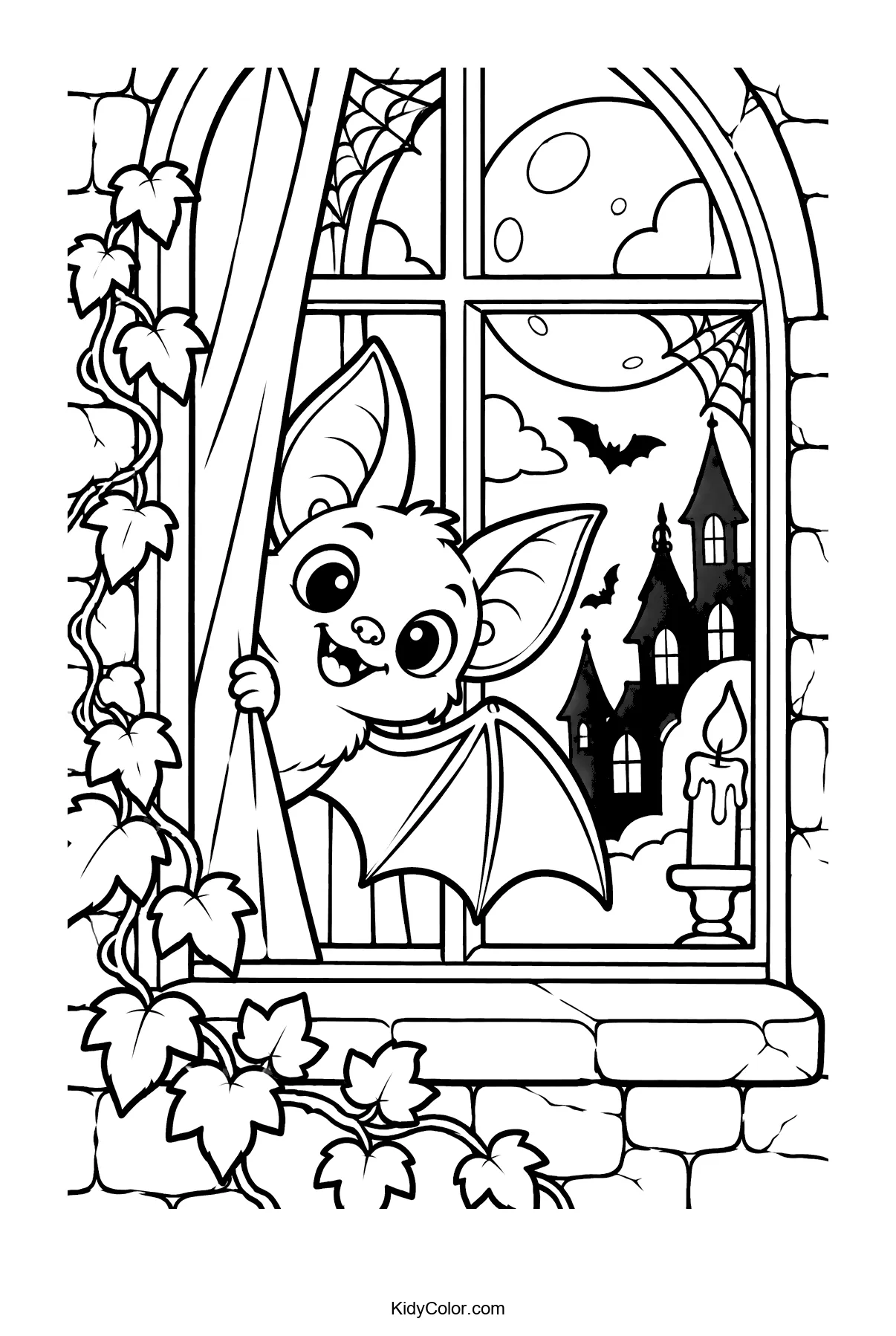 A bat peeks through a haunted window with ivy, candle, and spooky house.