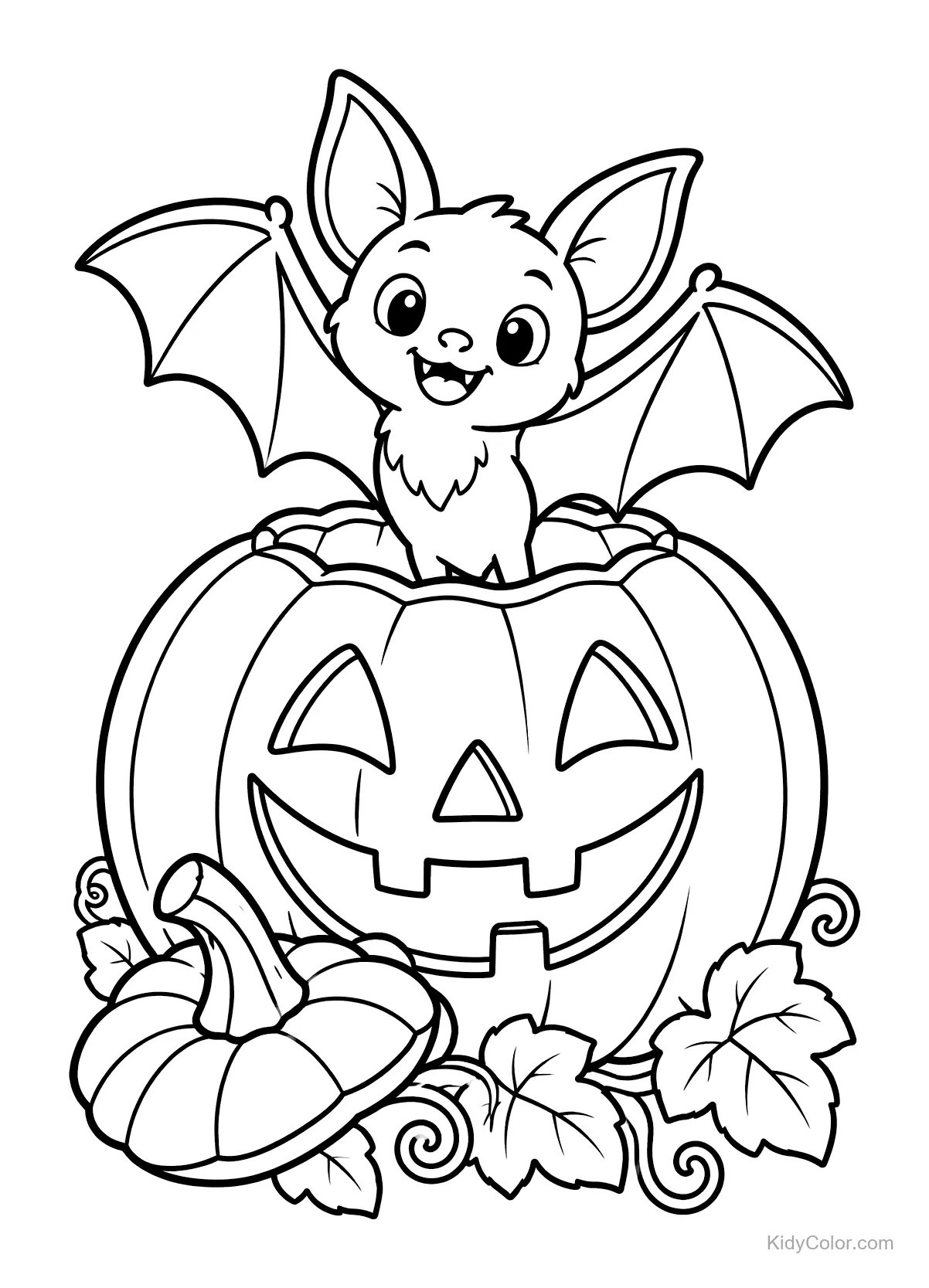 Morcego alegre saindo de abóbora de Halloween com folhas.