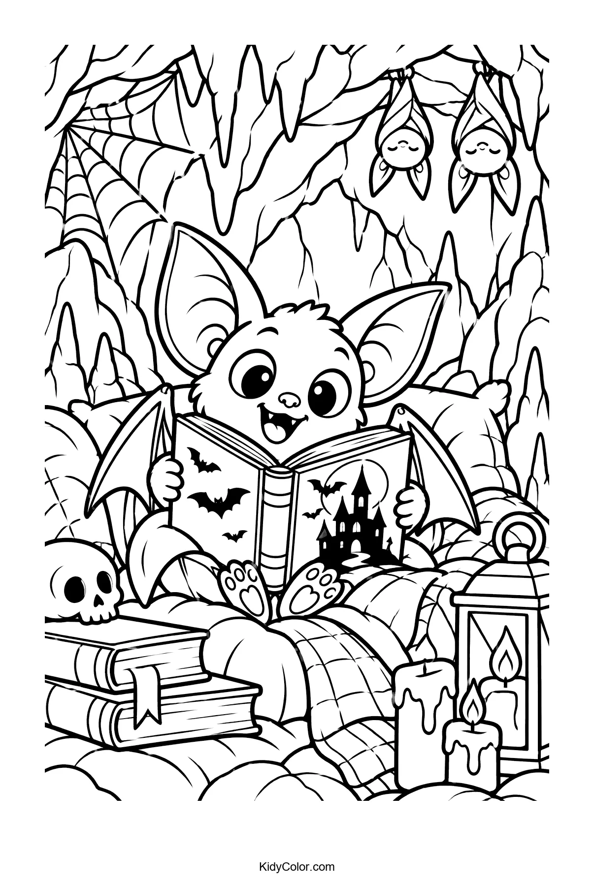 A bat reads a Halloween book in a cozy cave with cobwebs and candles.