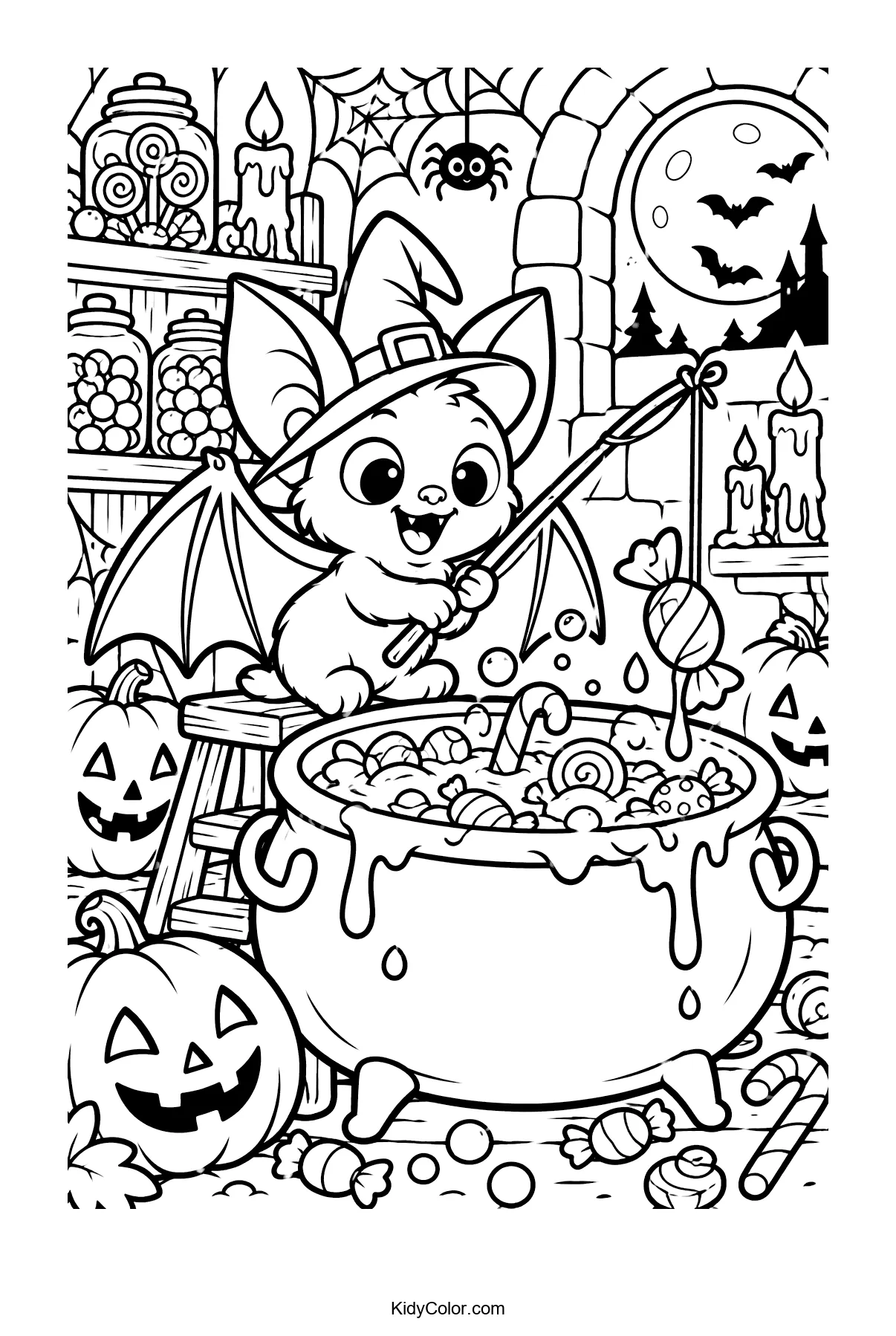 Bat wearing witch hat stirs candy in cauldron with Halloween decorations.
