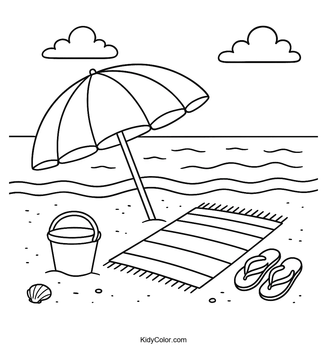 Beach scene with an umbrella and towel for coloring