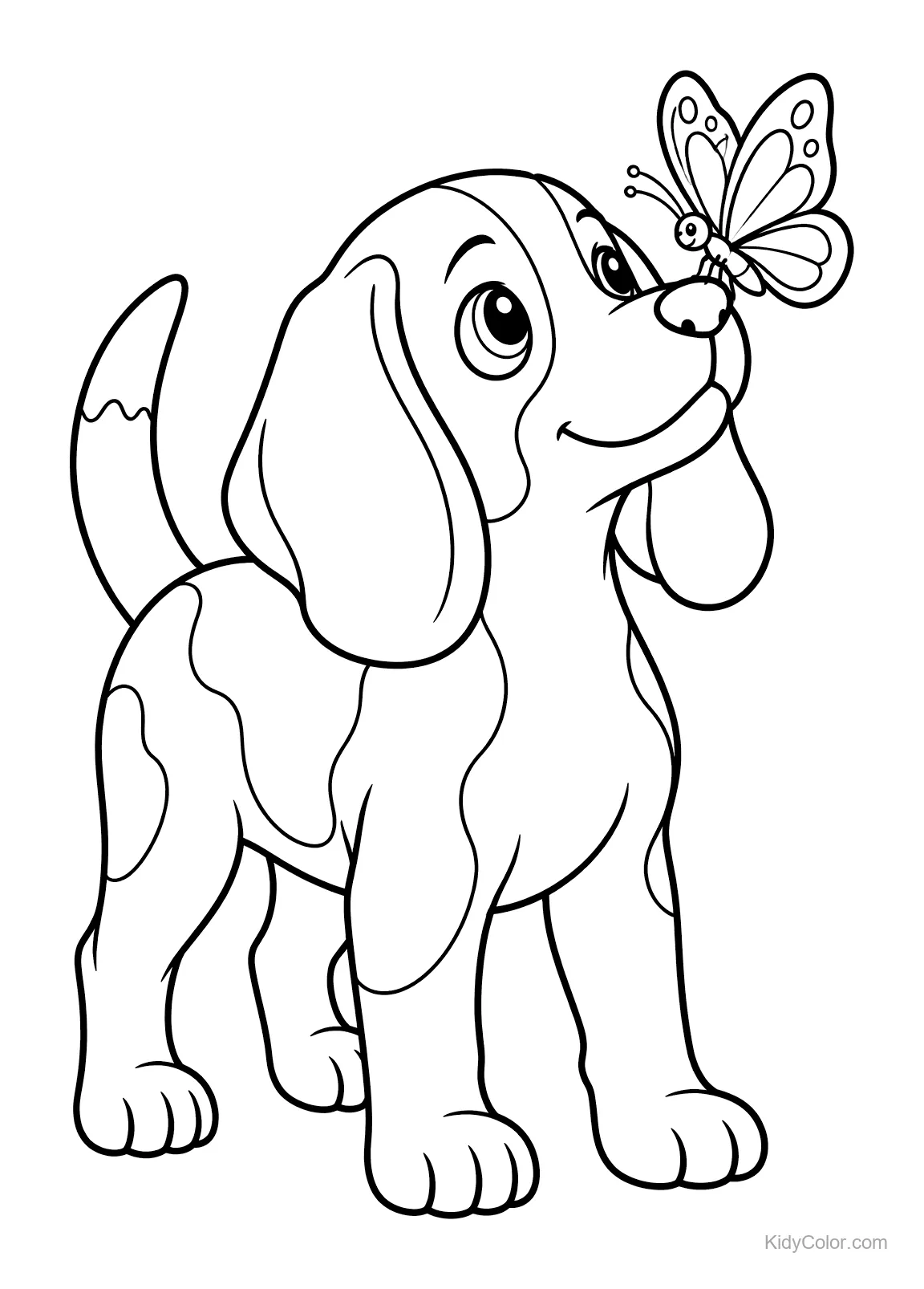 Beagle schaut auf einen Schmetterling auf seiner Nase.