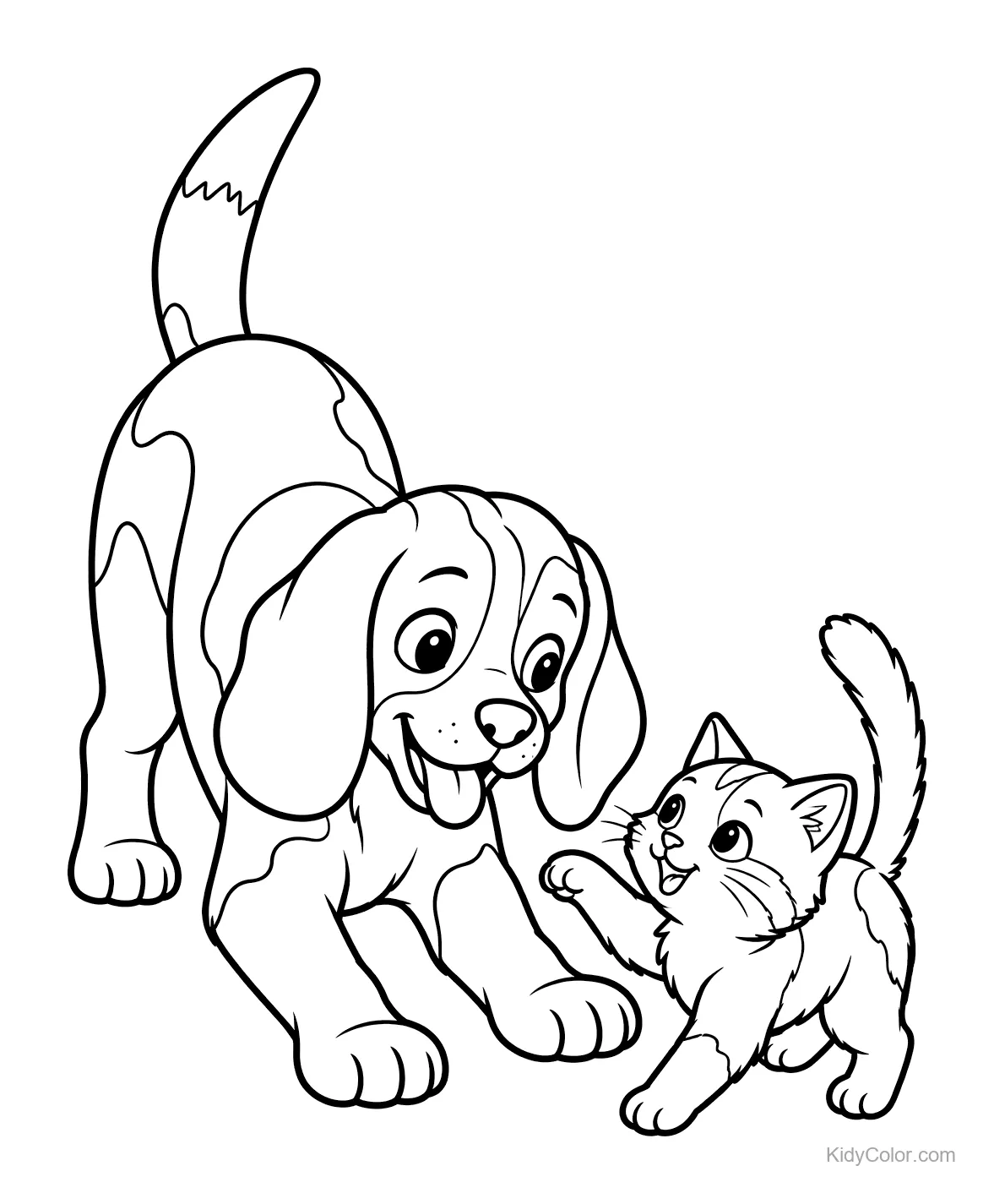 A beagle and a kitten playing together, both looking happy.