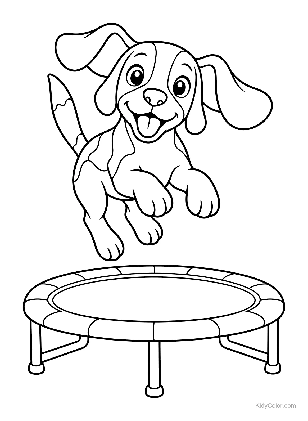A beagle dog bouncing on a trampoline, line art for coloring.
