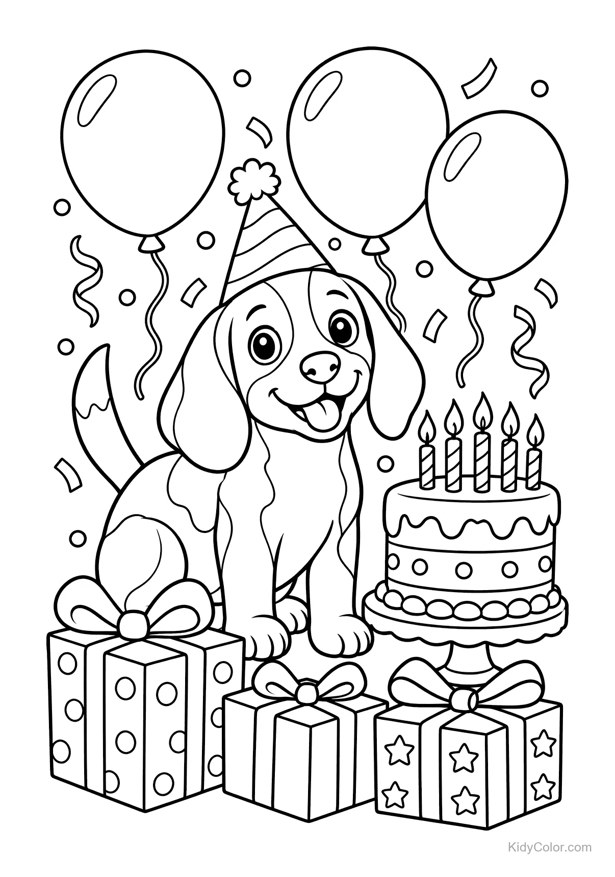 Beagle with party hat surrounded by balloons, gifts, and cake.