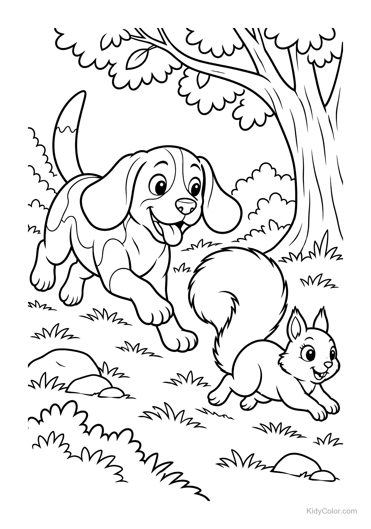Beagle poursuivant un écureuil sous des arbres.