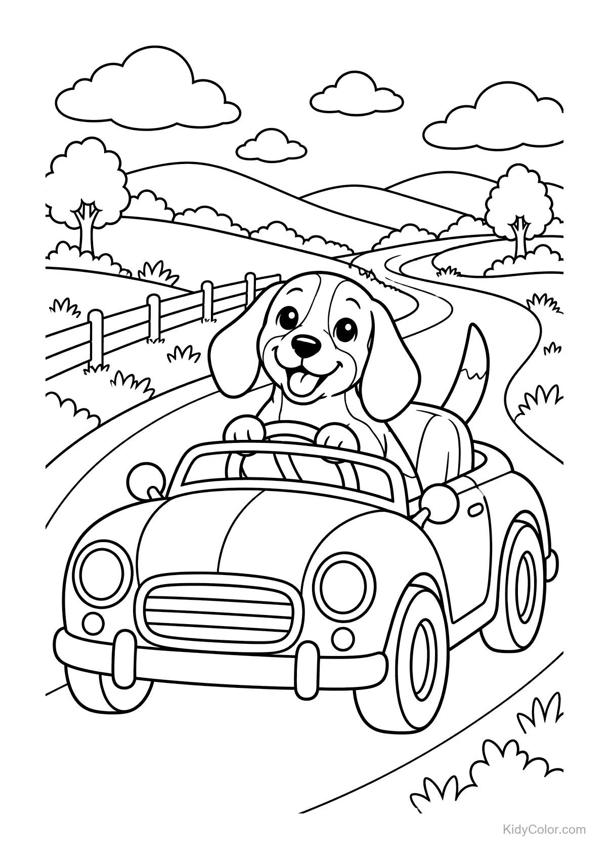 Beagle che guida un'auto su una strada di campagna con colline.