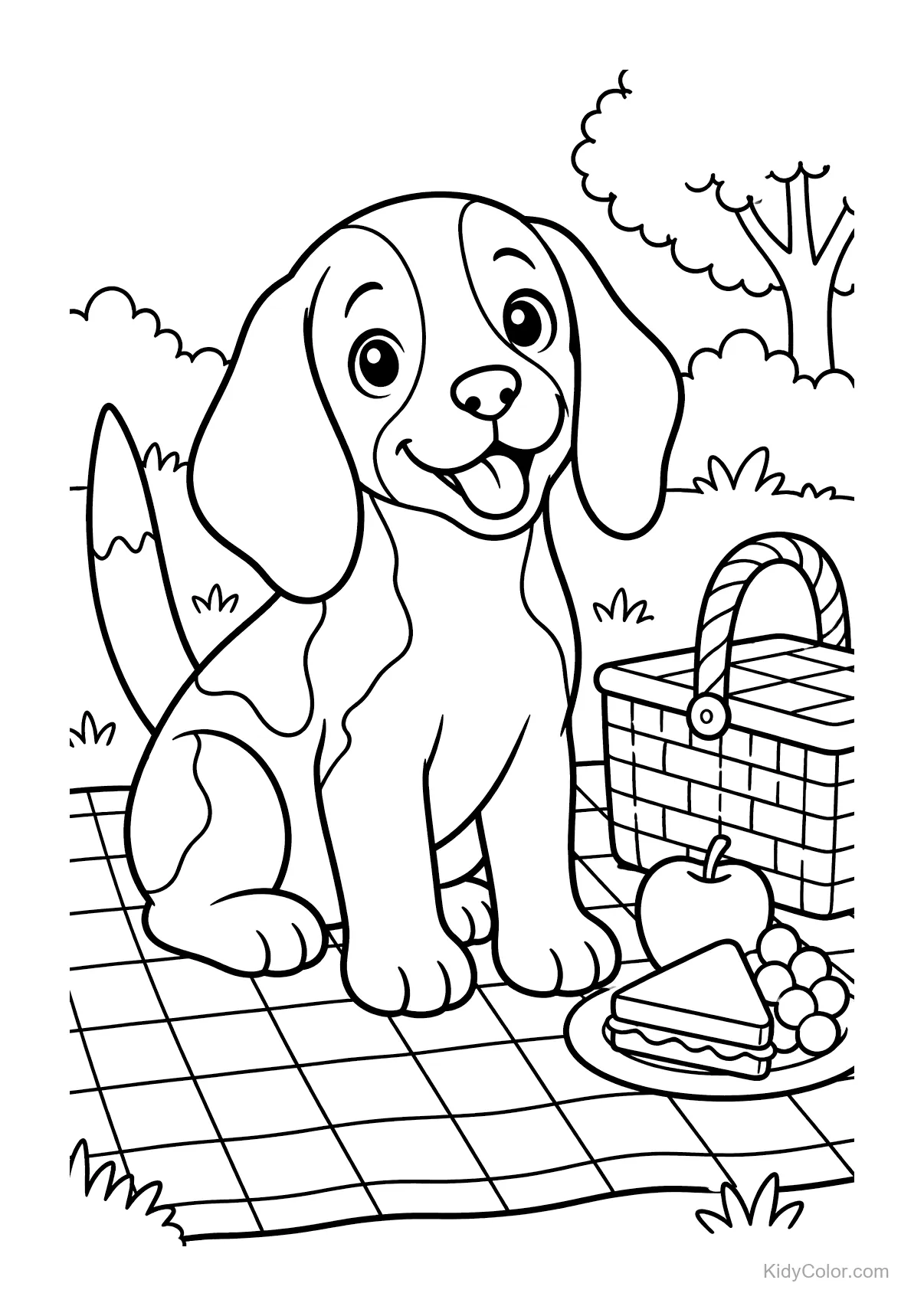 Beagle sitting on a picnic blanket with a basket and food.