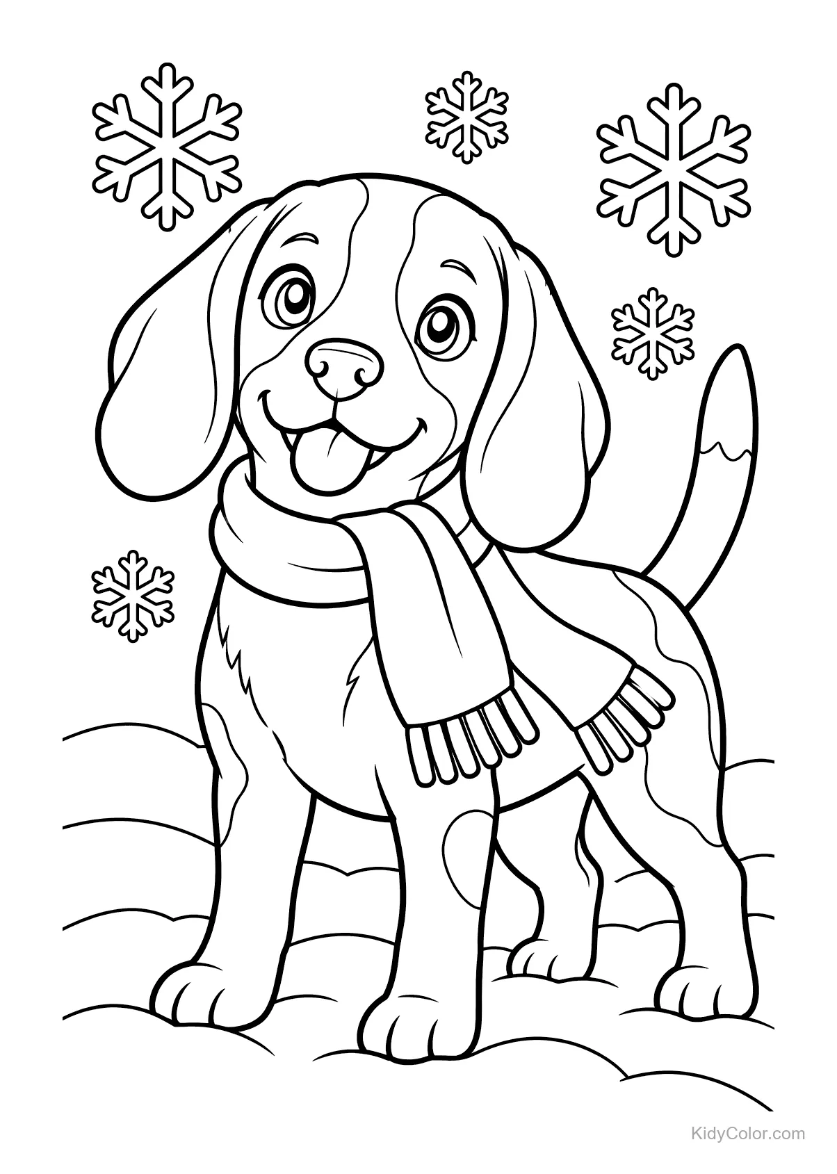 Beagle standing in snow with a scarf and snowflakes around.