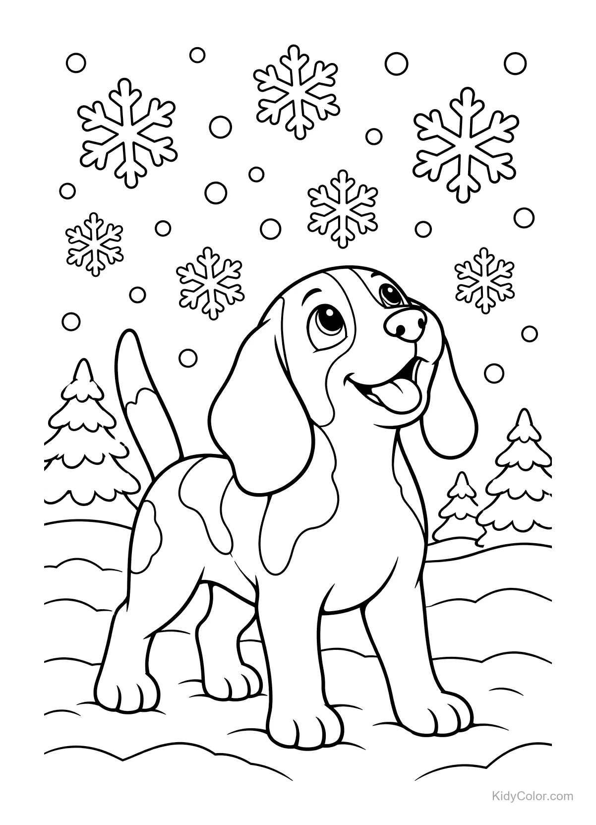 A beagle happily looks at falling snowflakes in a snowy scene.