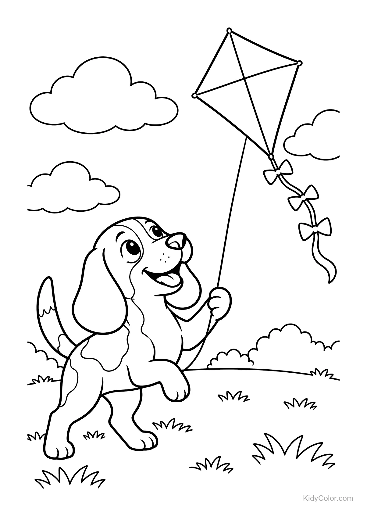 Beagle holding a kite string, standing on grass with clouds in the sky.