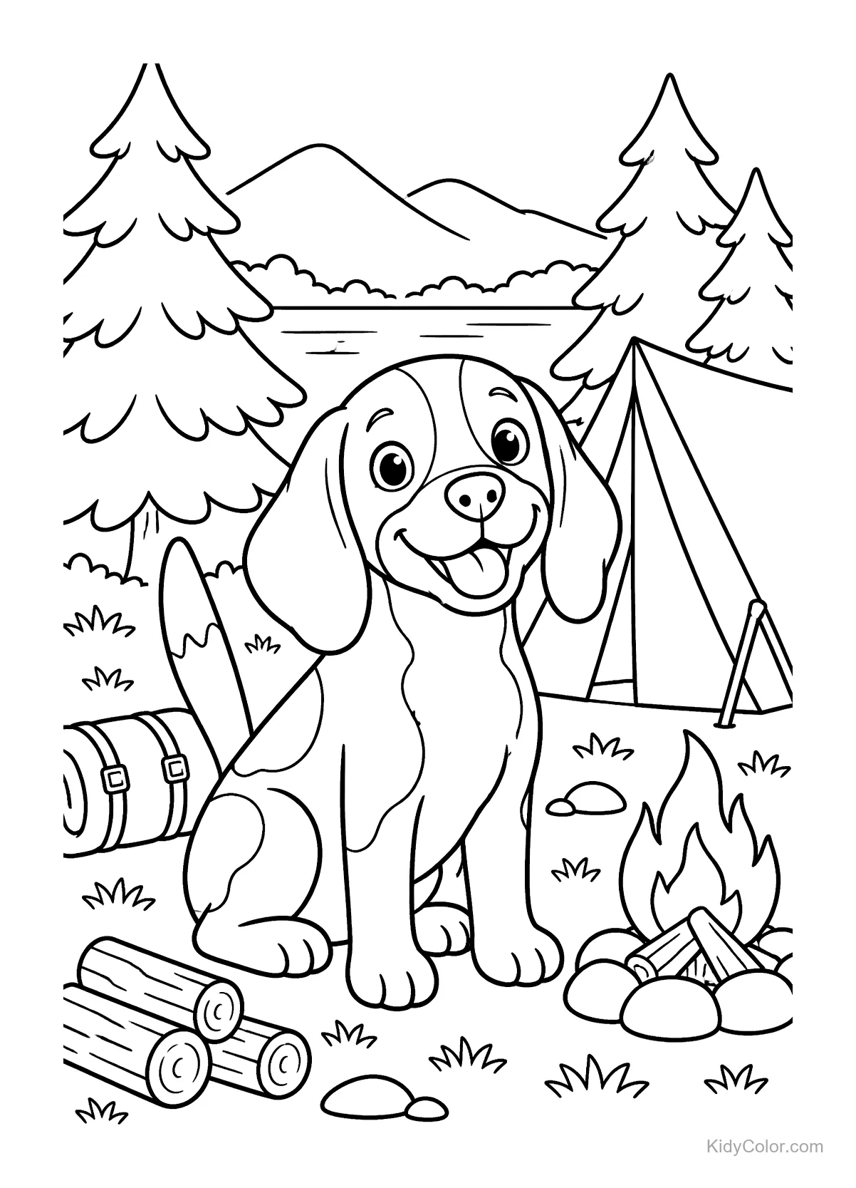 A beagle sitting by a campfire with a tent and trees.