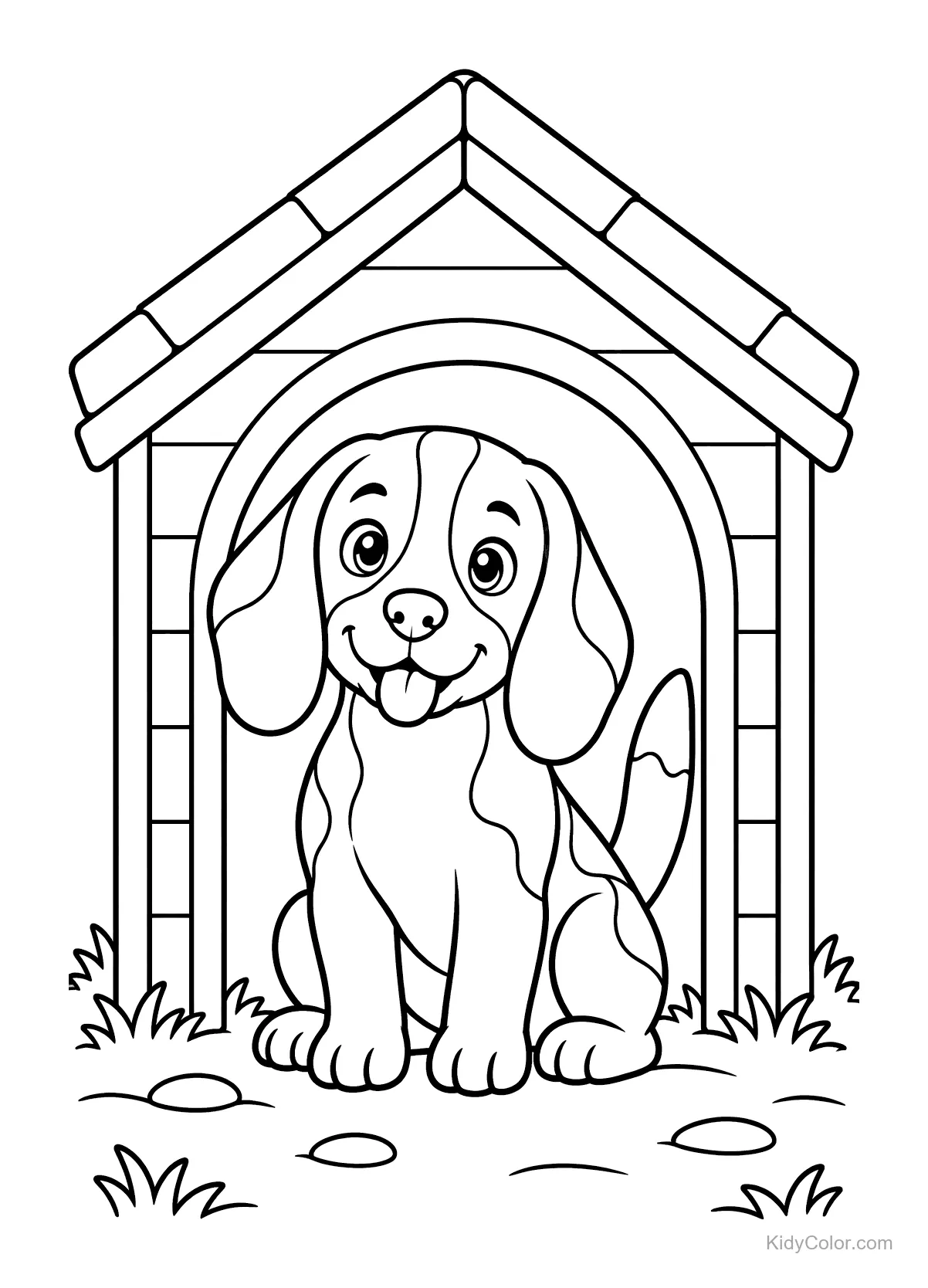 Un beagle assis dans une niche confortable, souriant.
