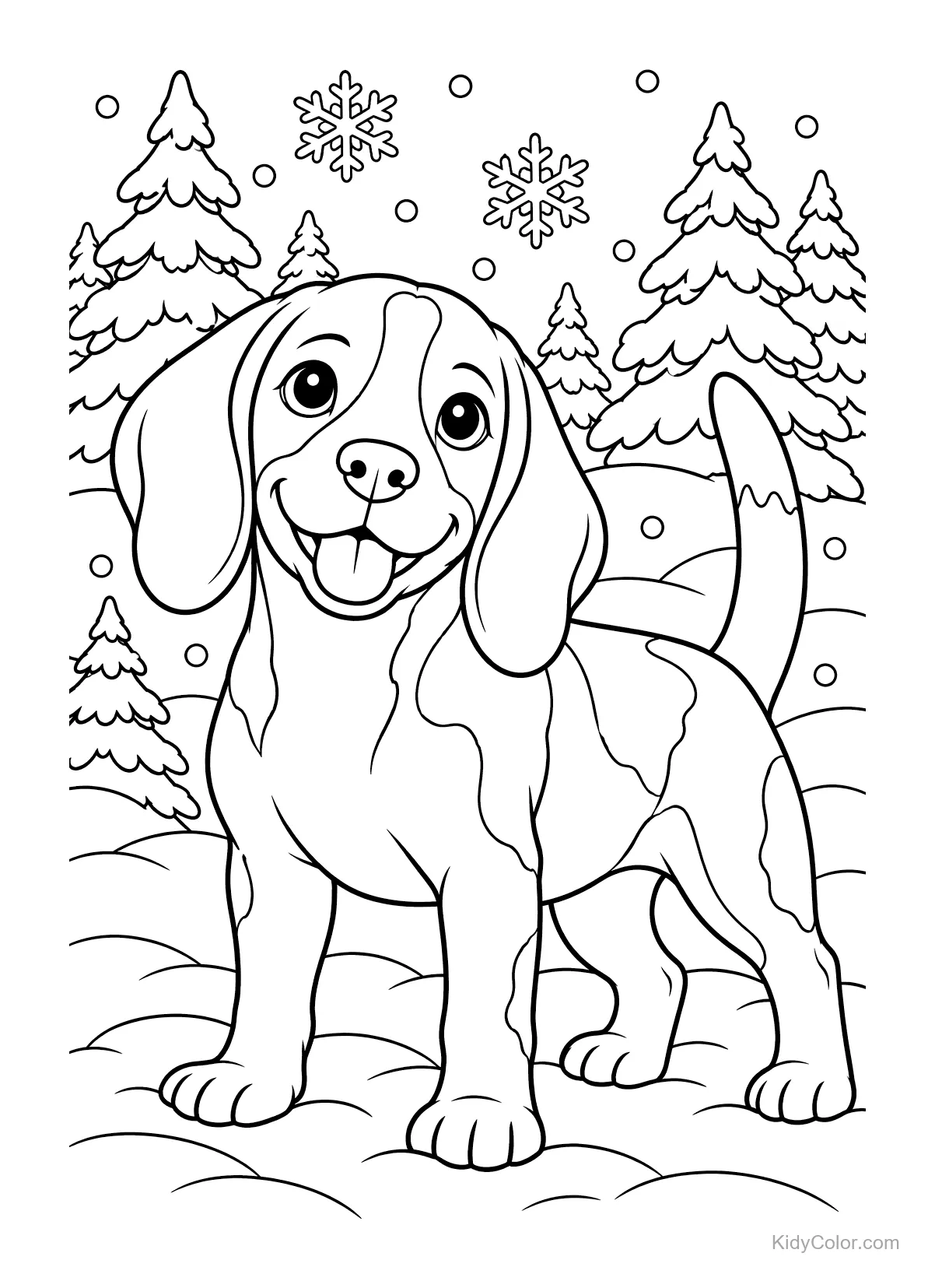 Un beagle heureux dans une forêt enneigée avec flocons et arbres.