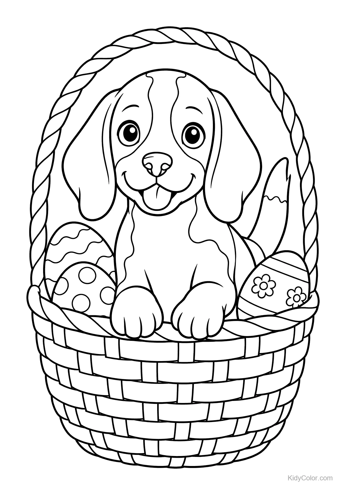 Beagle im Korb mit Ostereiern.