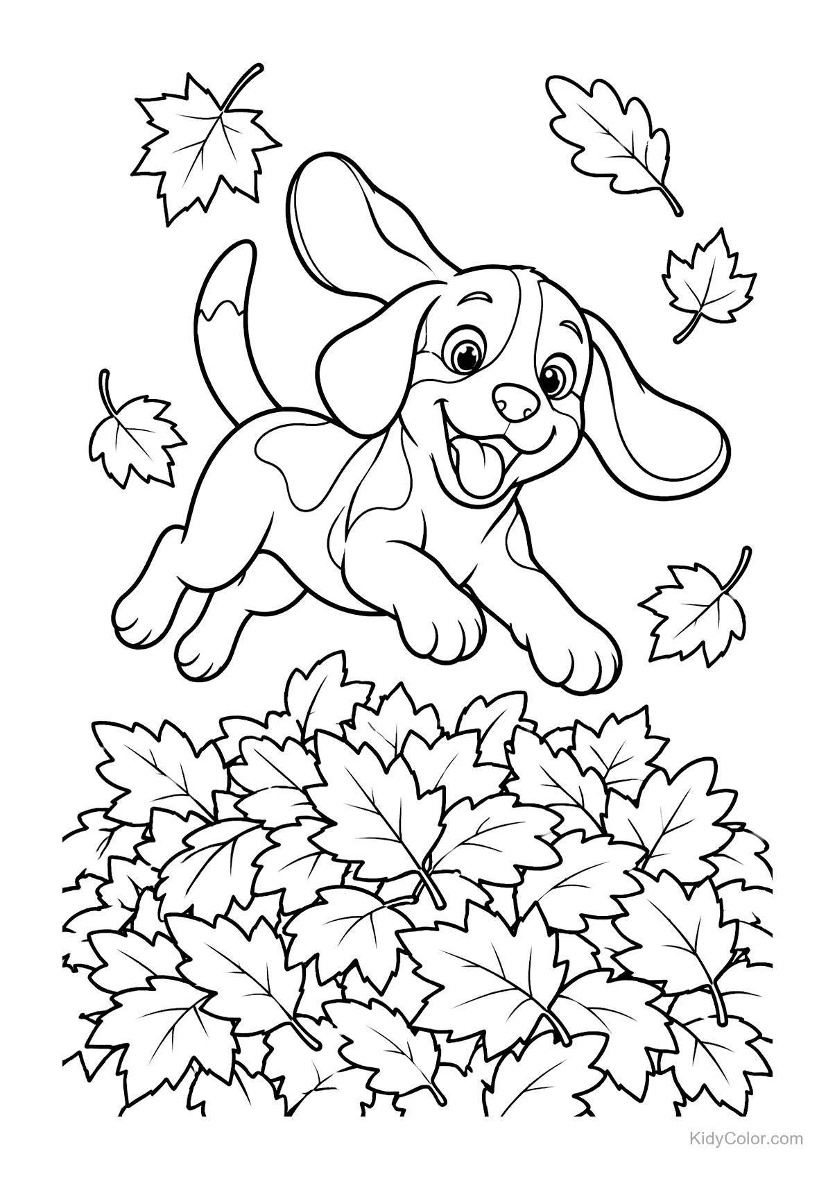 Beagle sautant joyeusement dans un tas de feuilles d'automne.