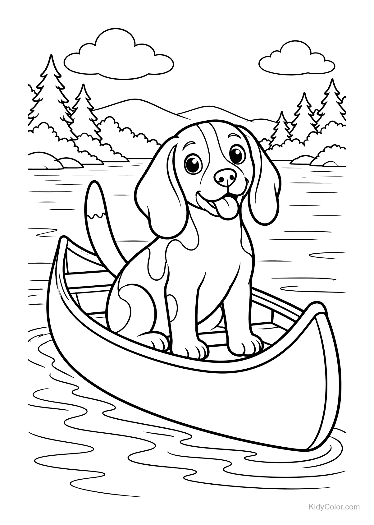 A beagle sitting in a canoe on a lake with trees and mountains.