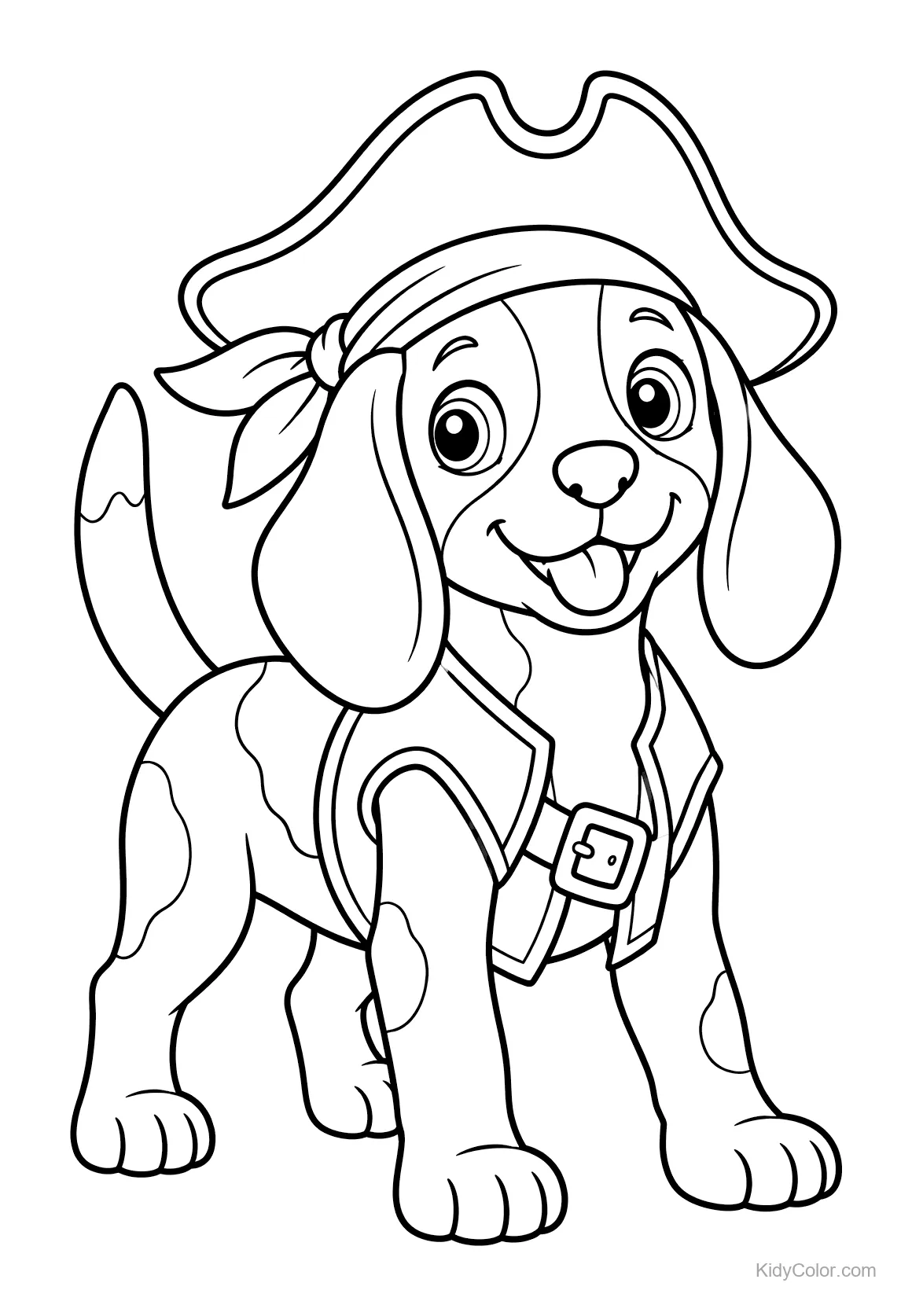 Rysunek beagle'a w kapeluszu pirata i kamizelce, uśmiechnięty.