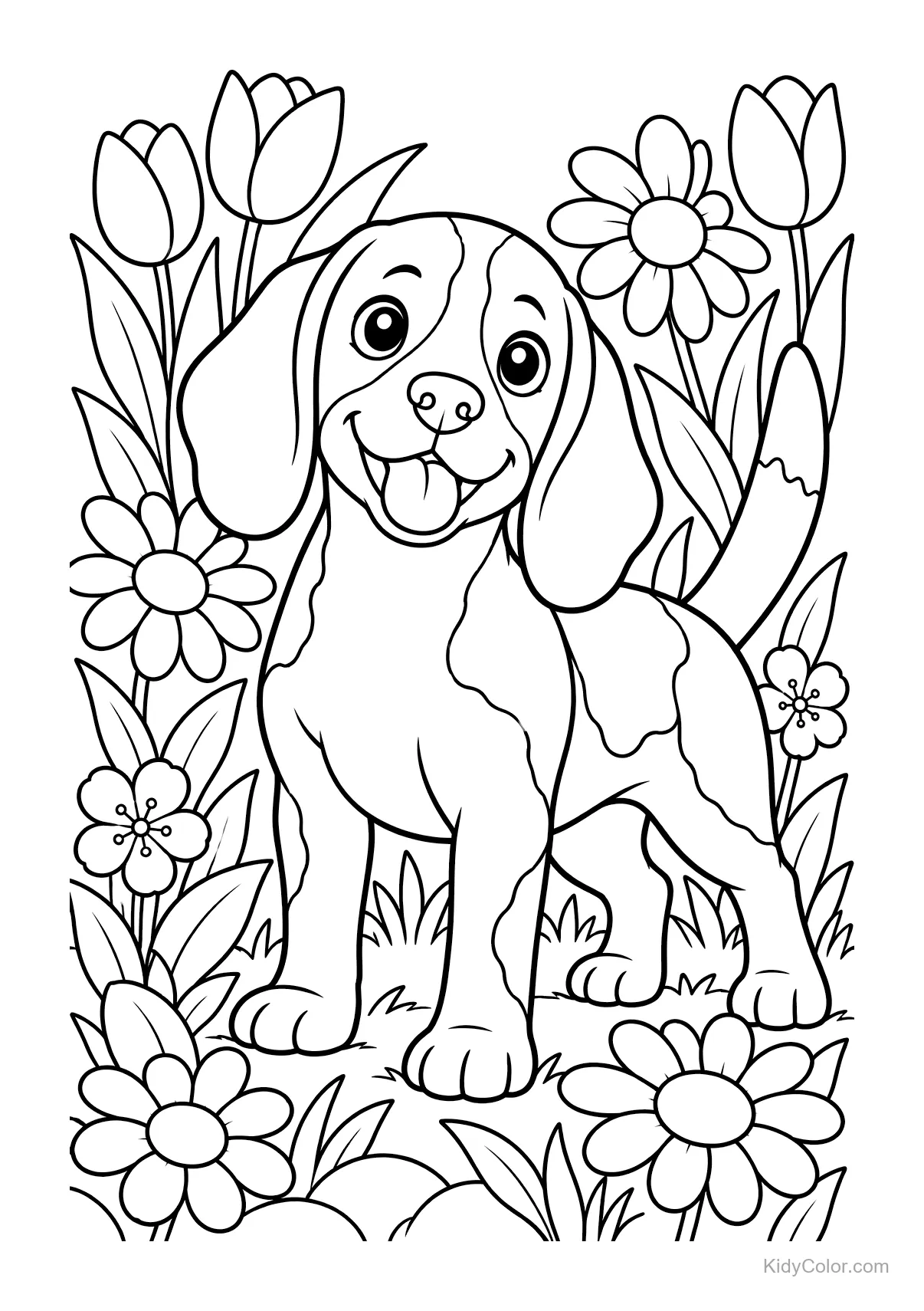 Ein fröhlicher Beagle steht zwischen Gänseblümchen und Tulpen.