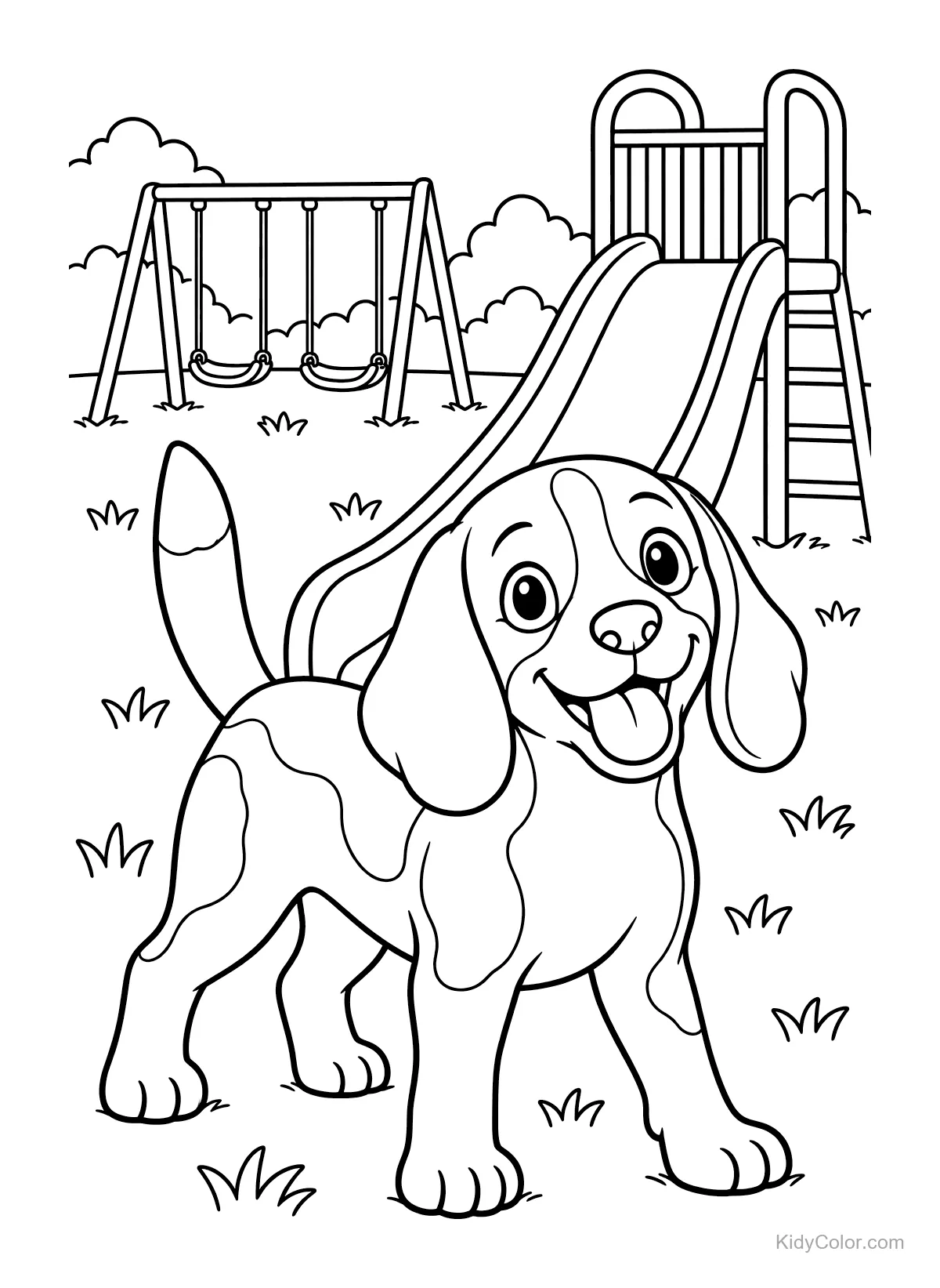 A beagle stands on grass in front of a playground slide and swings.
