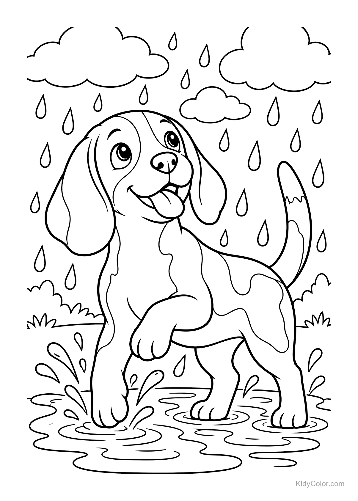 Beagle splashing in a puddle with raindrops and clouds.