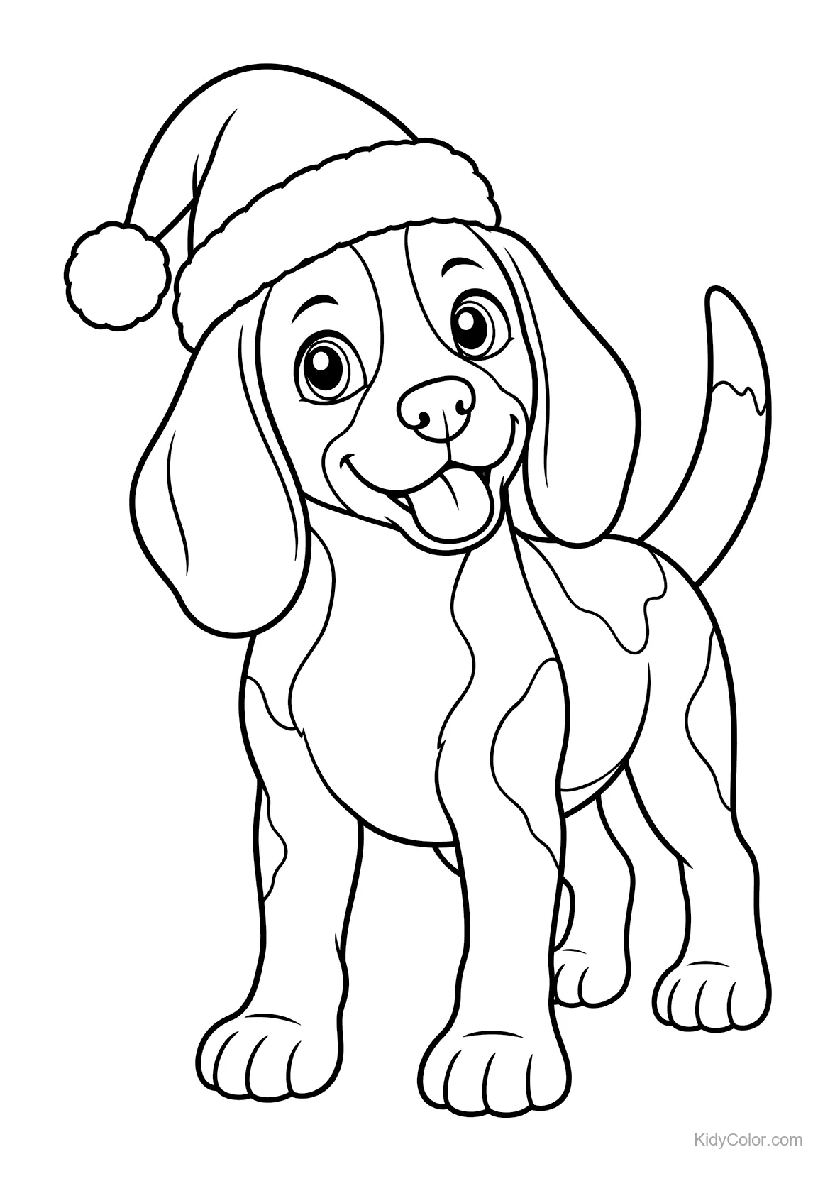 Beagle puppy wearing a Santa hat, standing happily.