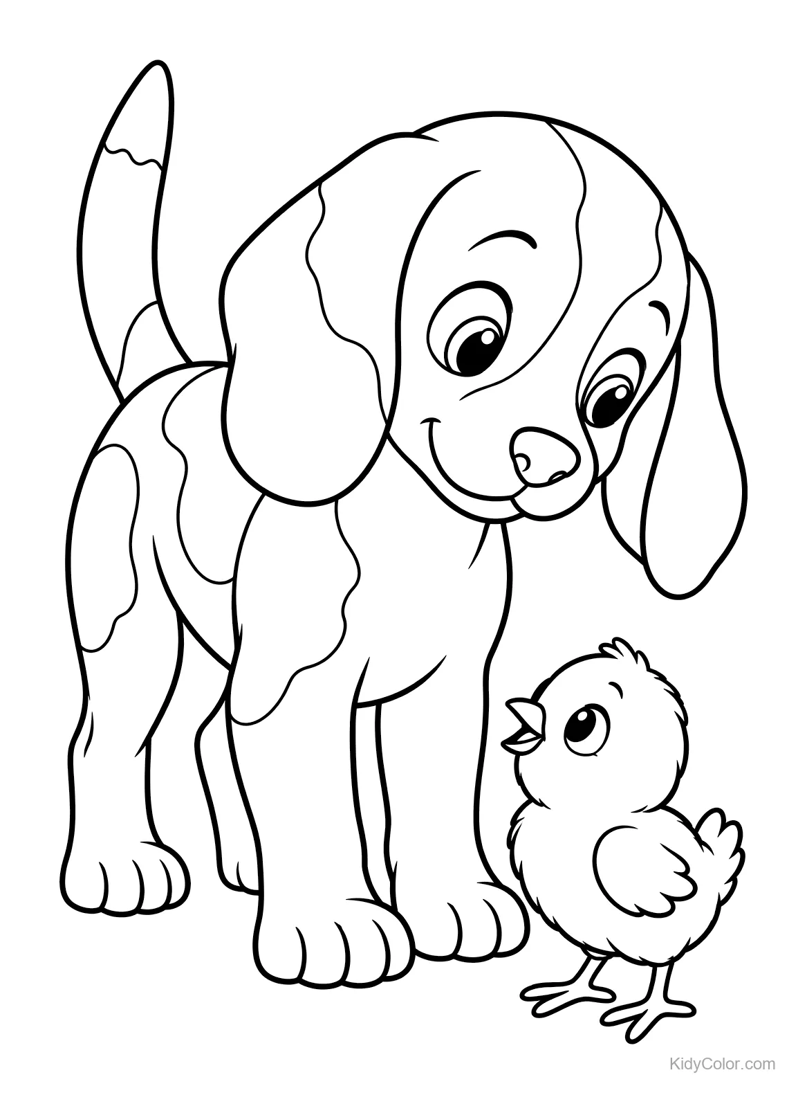 Ein Beagle-Welpe lächelt ein kleines Küken an.