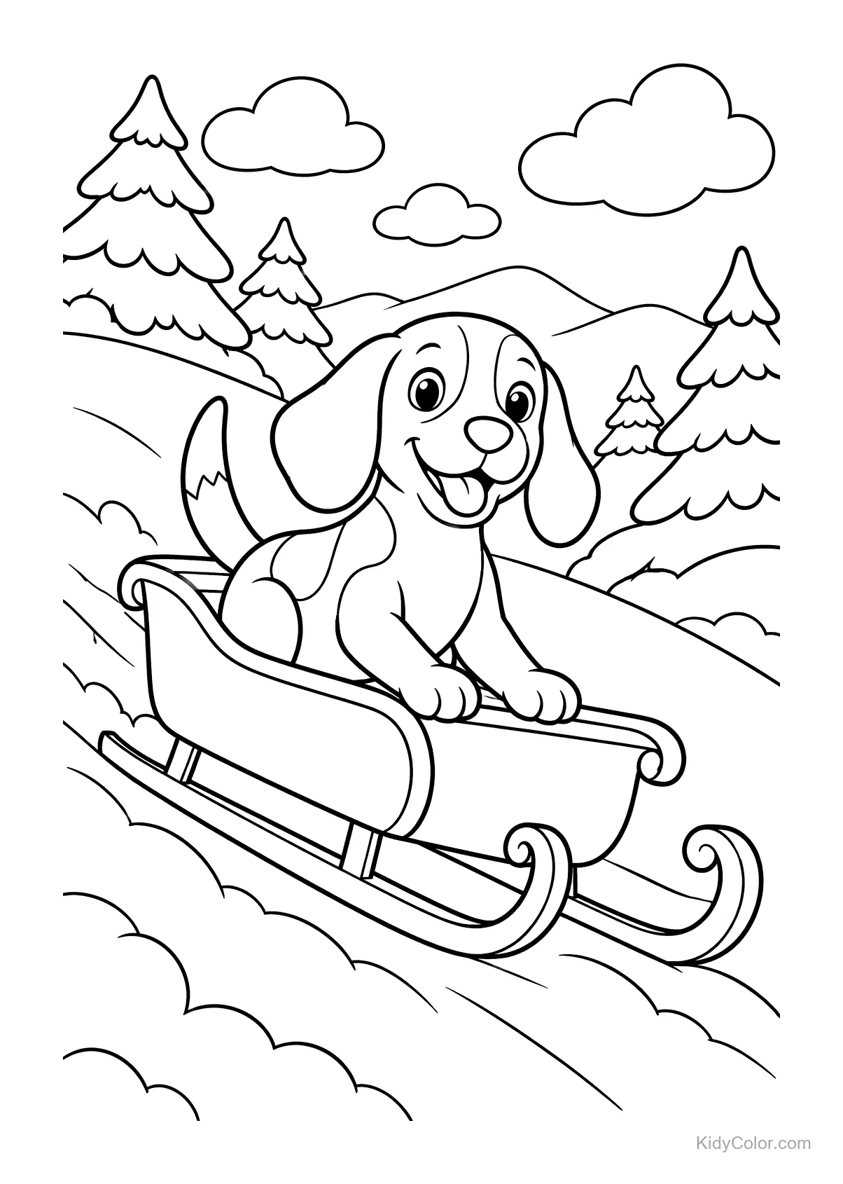 Beagle sur une luge descendant une colline enneigée avec des arbres.
