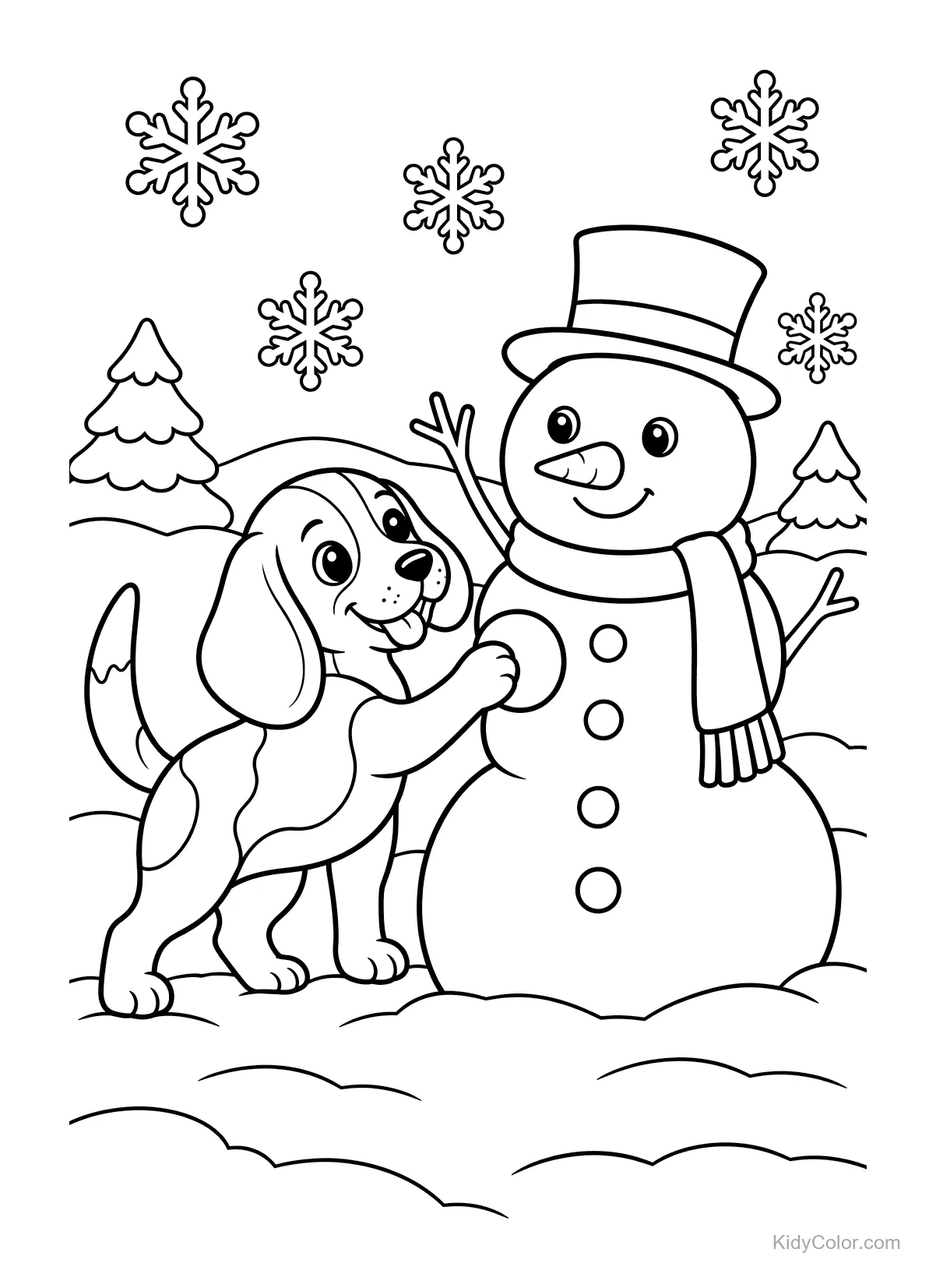 Beagle che costruisce un pupazzo di neve con fiocchi di neve sullo sfondo.