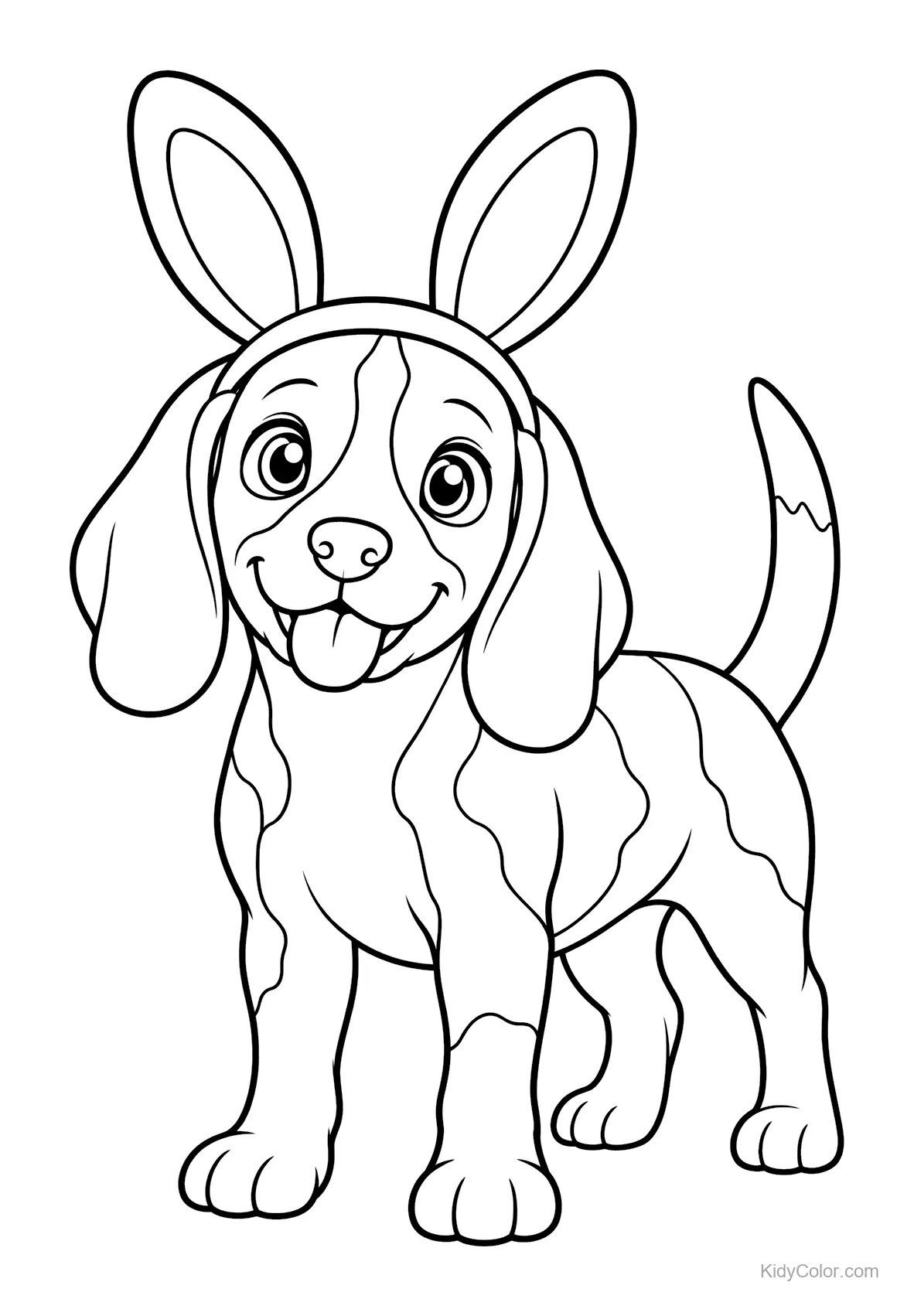 Een beagle met konijnenoren, glimlachend.