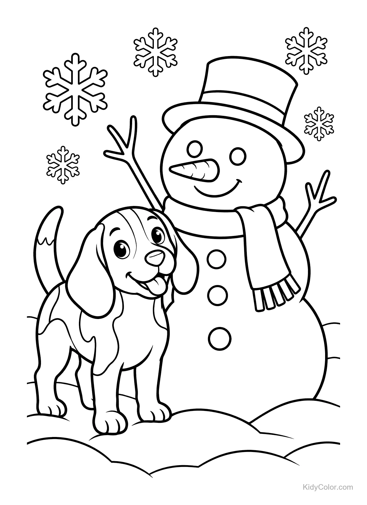 Beagle naast een sneeuwman met sneeuwvlokken in de lucht.