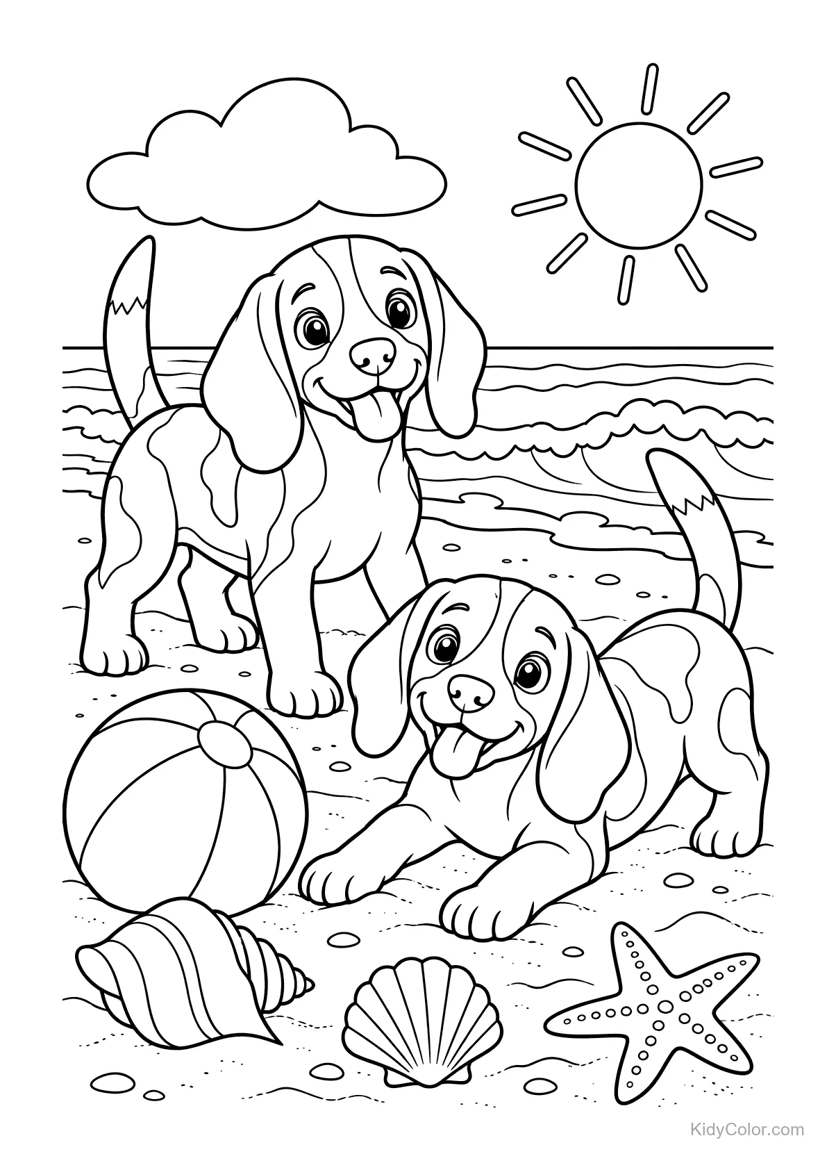 Two beagles on a beach with a ball, seashells, and a starfish.