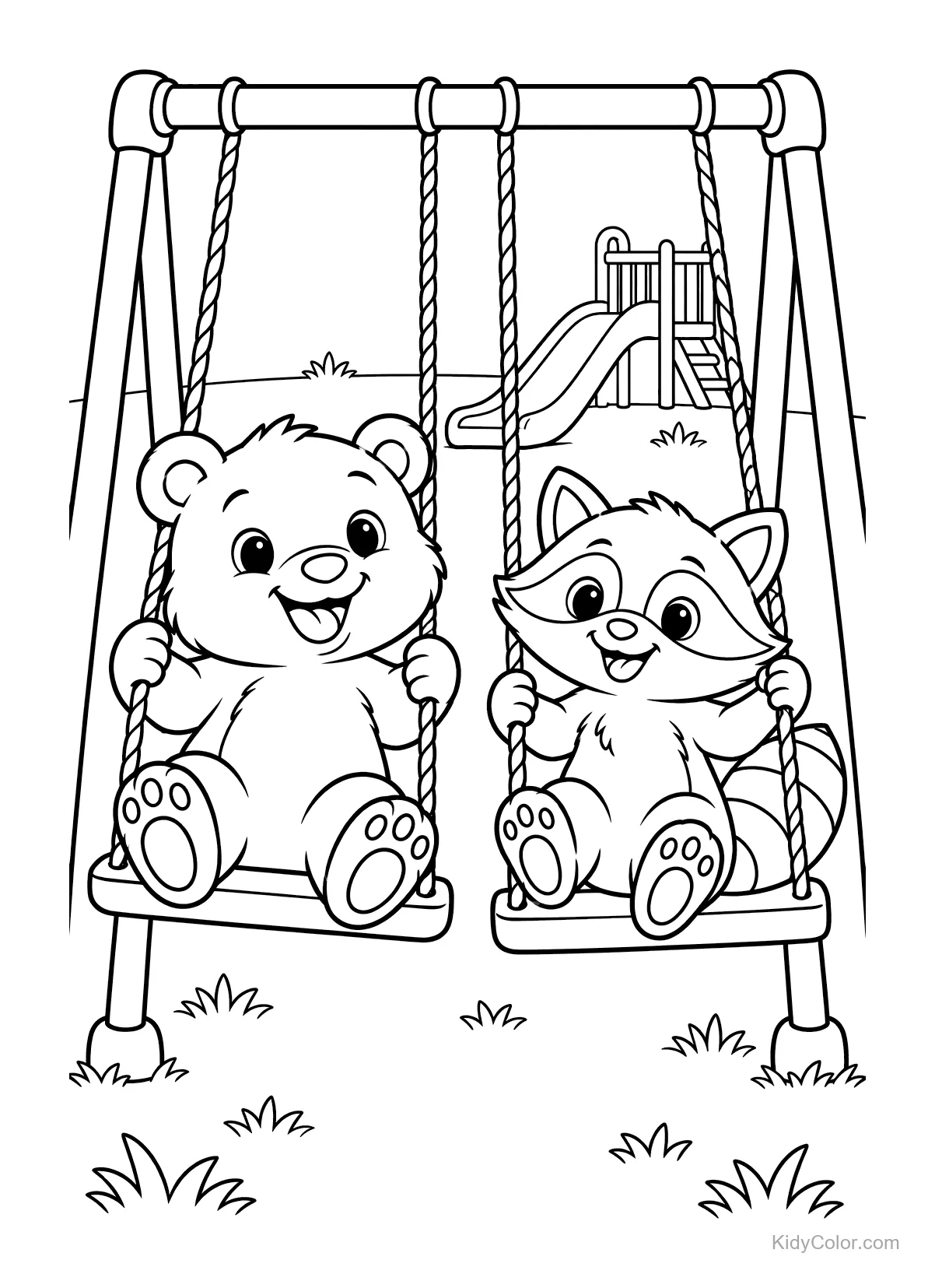 Urso e guaxinim balançando no parquinho.
