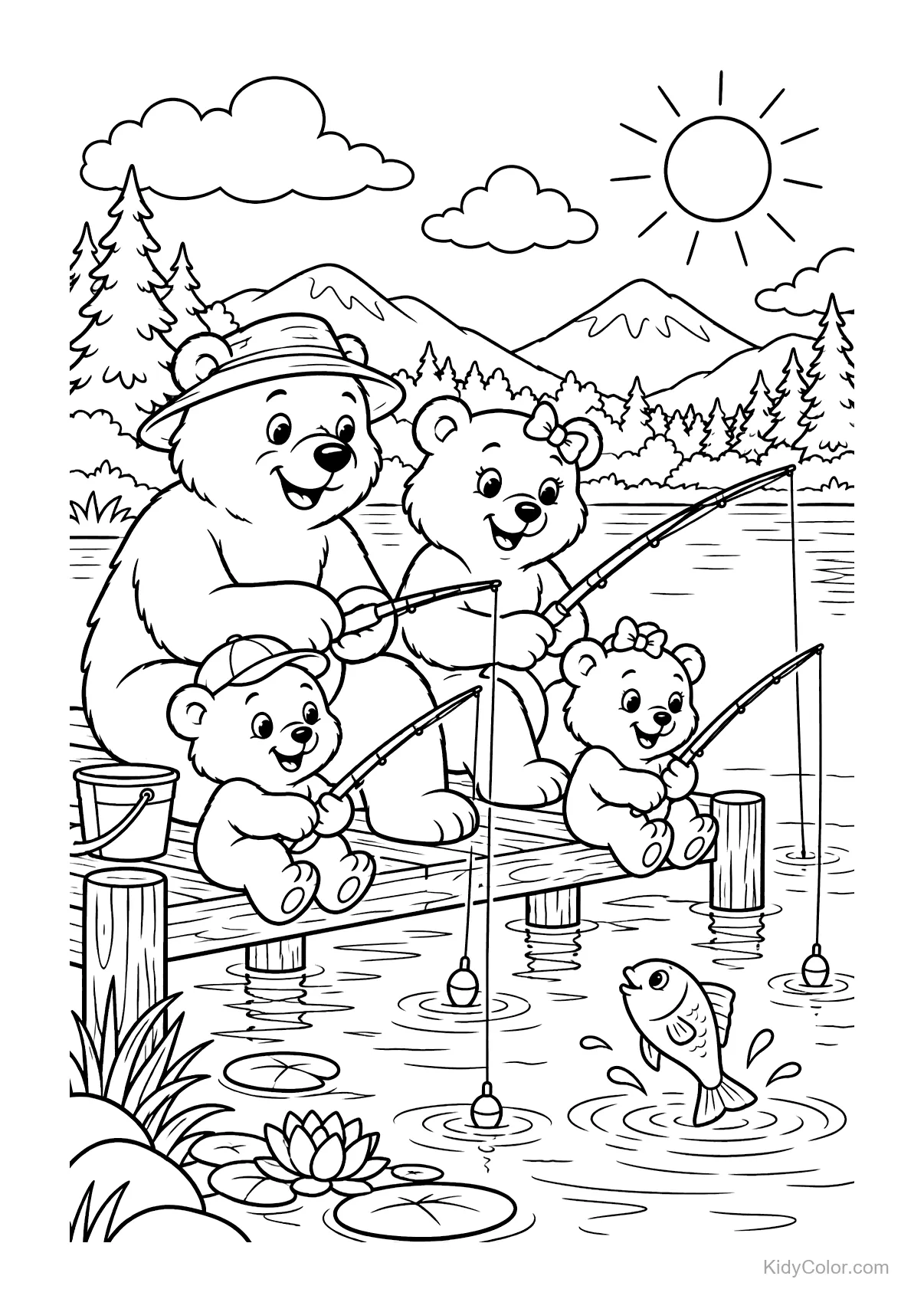 Bear family sitting on a dock fishing at a lake with a fish jumping out of the water.