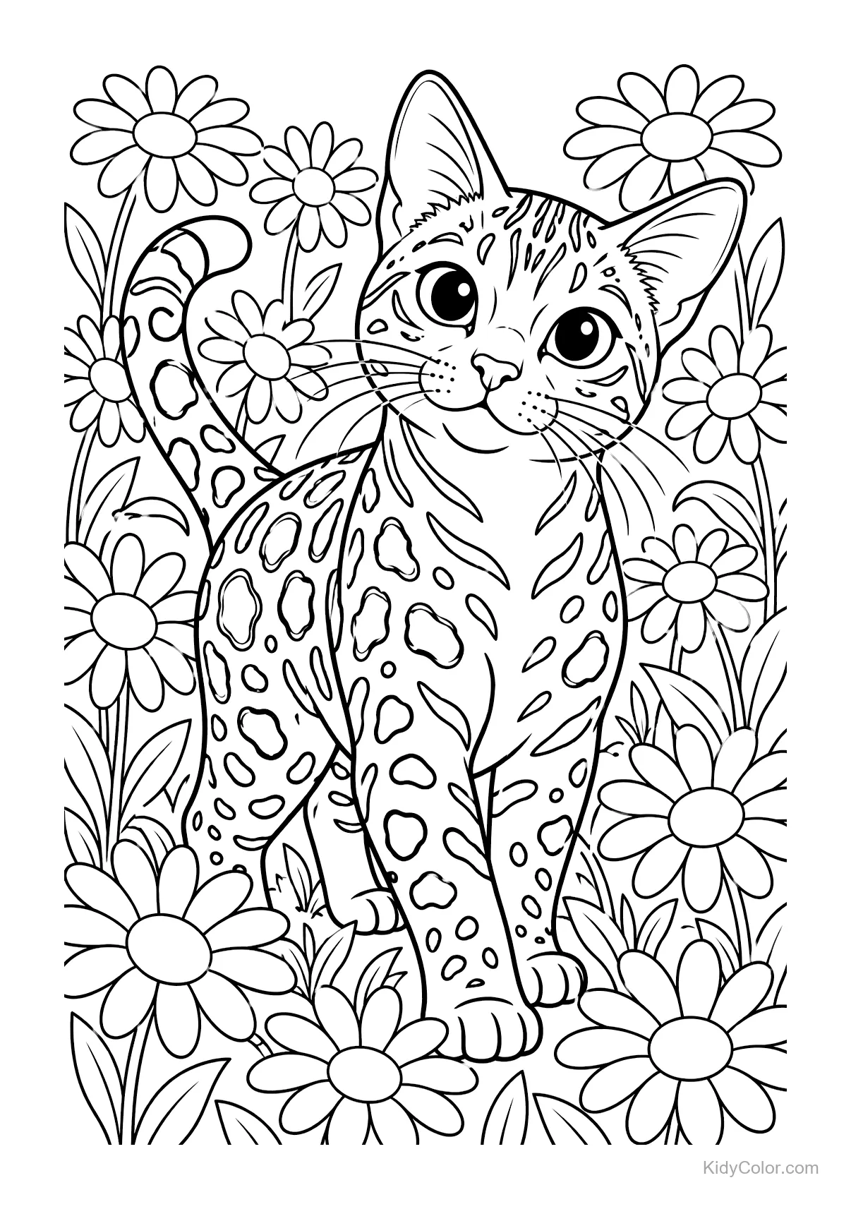 Gatto Bengal con pelo maculato tra le margherite.