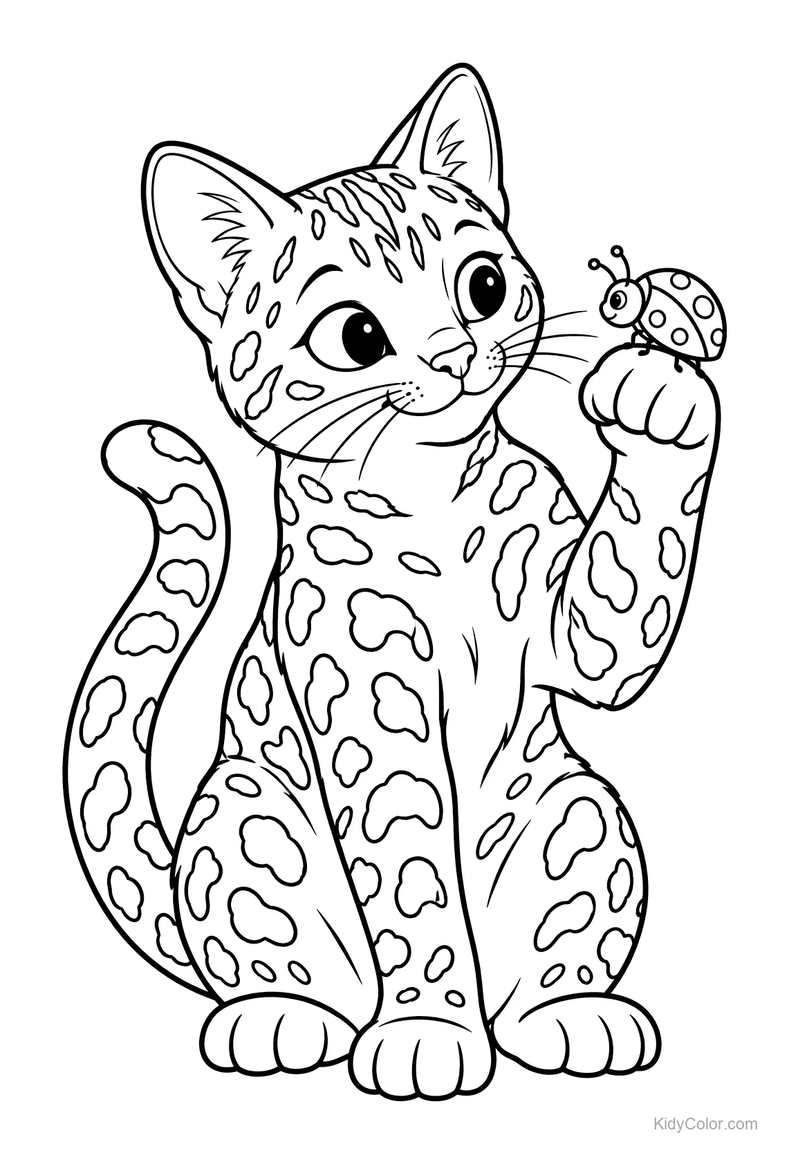 Gato bengal sentado com uma joaninha na pata.