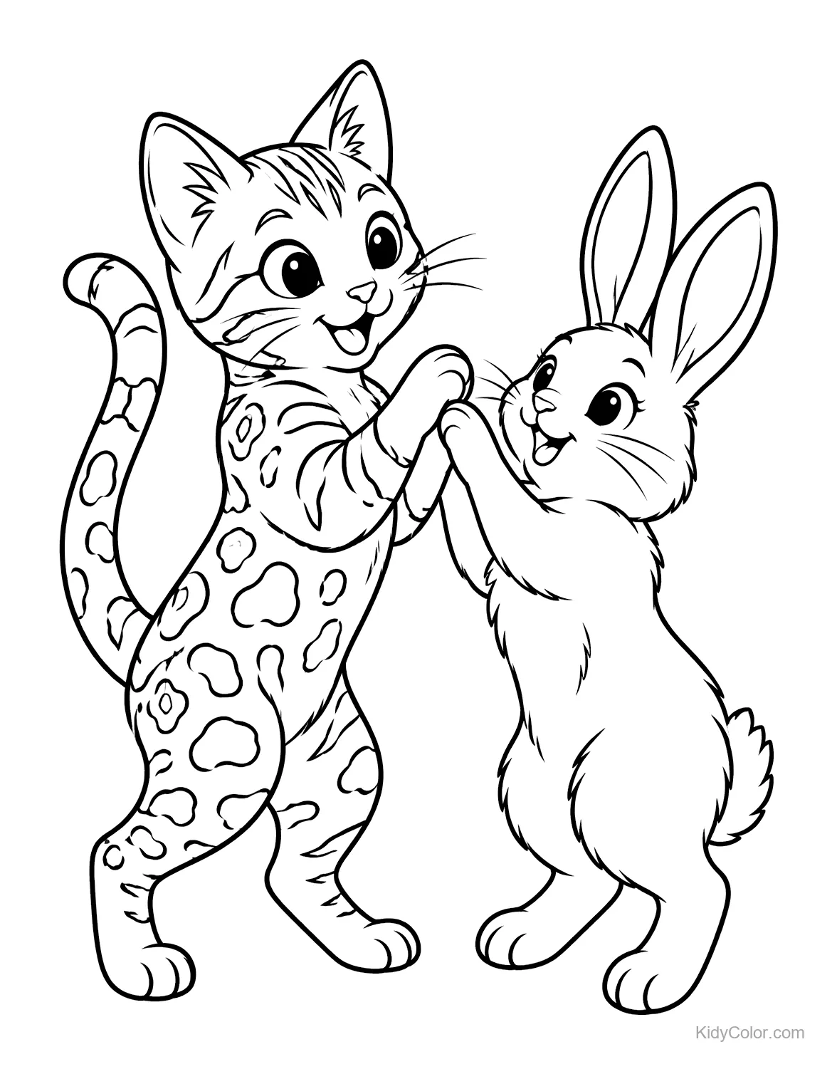Gato Bengal e coelho em pé tocando as patas.