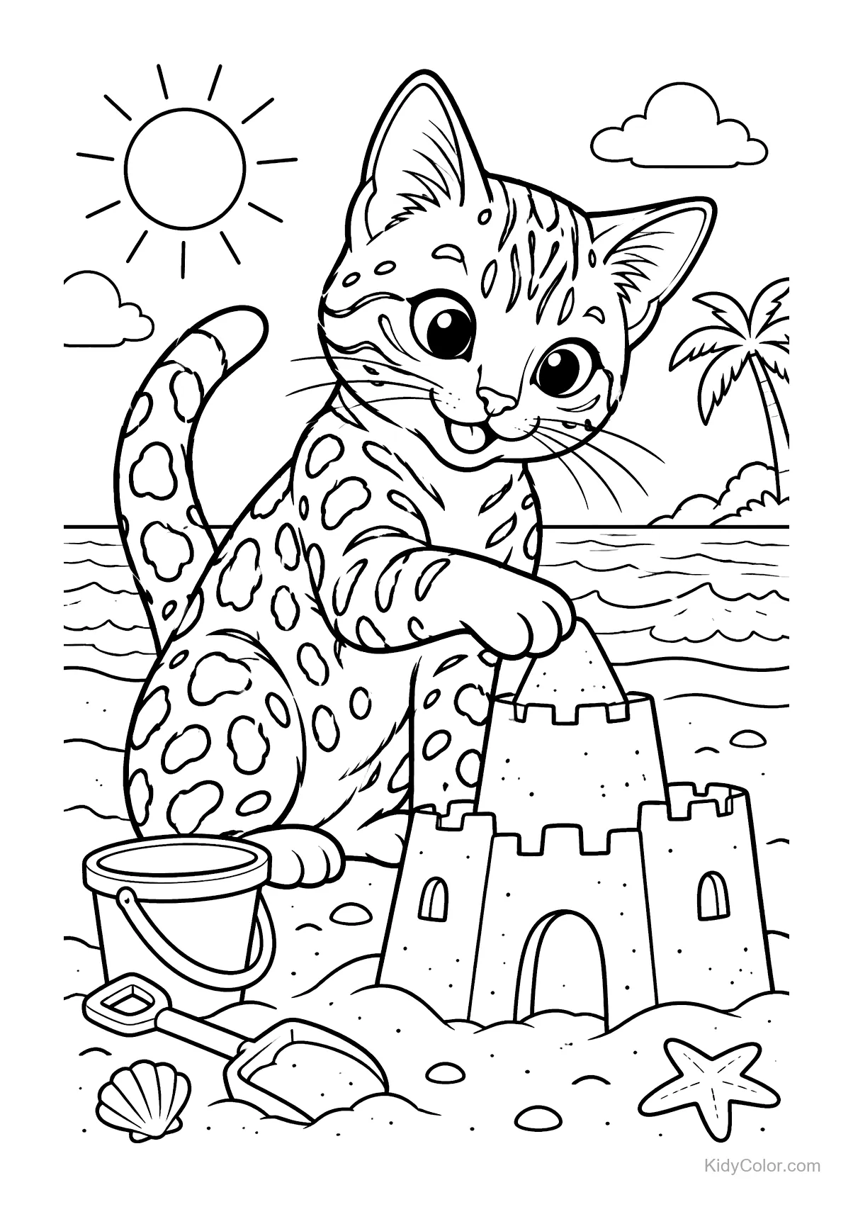 Gatto Bengalese costruisce un castello di sabbia con secchiello e paletta.