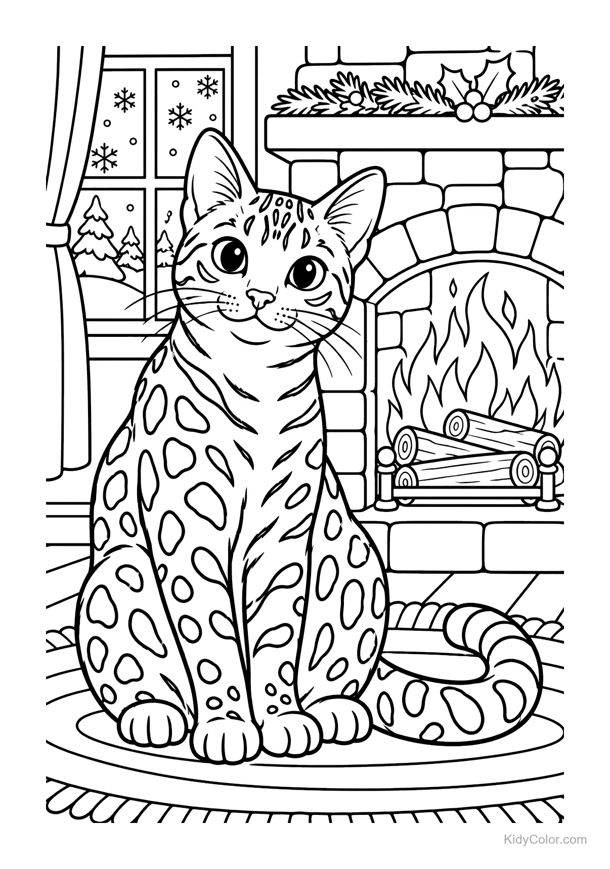 Bengal cat sitting by a winter fireplace inside a cozy room.