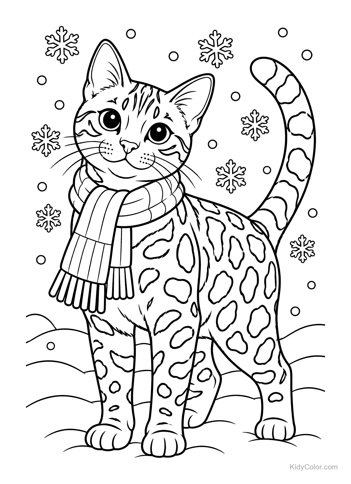 Gato Bengal com cachecol na neve e flocos de neve caindo.