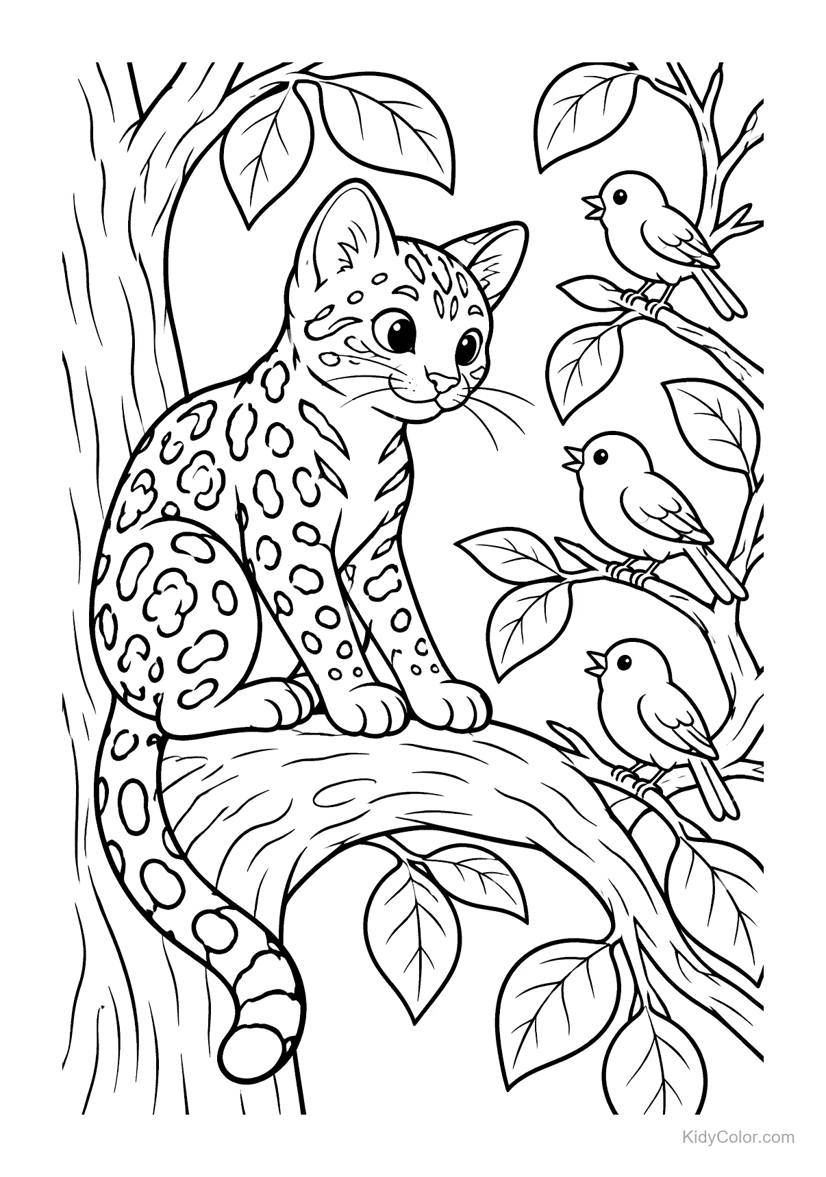 Bengal cat sitting on tree watching three birds on a branch.